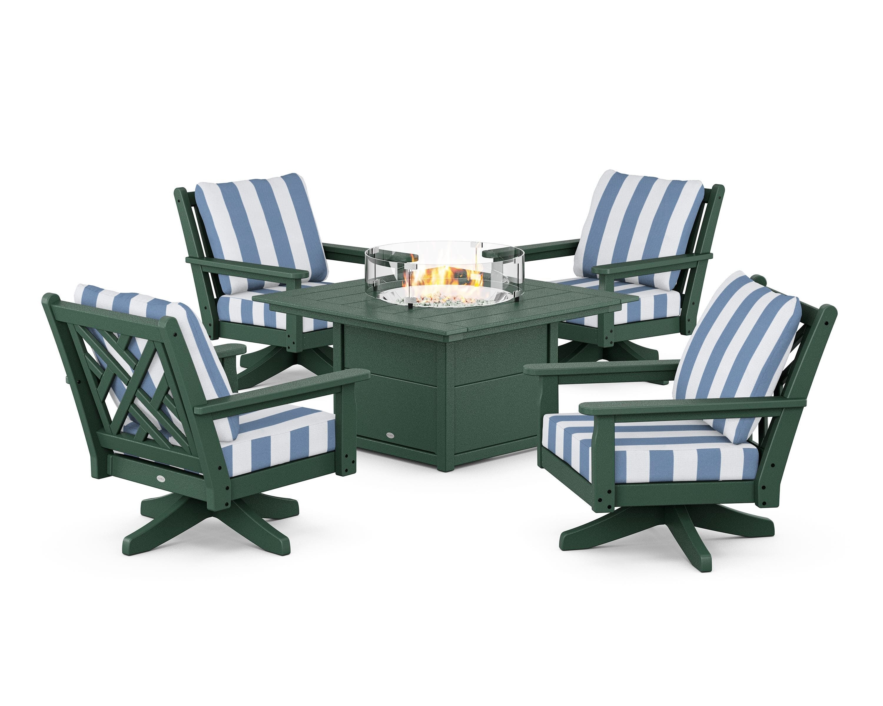 POLYWOOD® Chippendale 5-Piece Deep Seating Swivel Conversation Set with Fire Pit Table in Green / Cabana Stripe Sky Blue