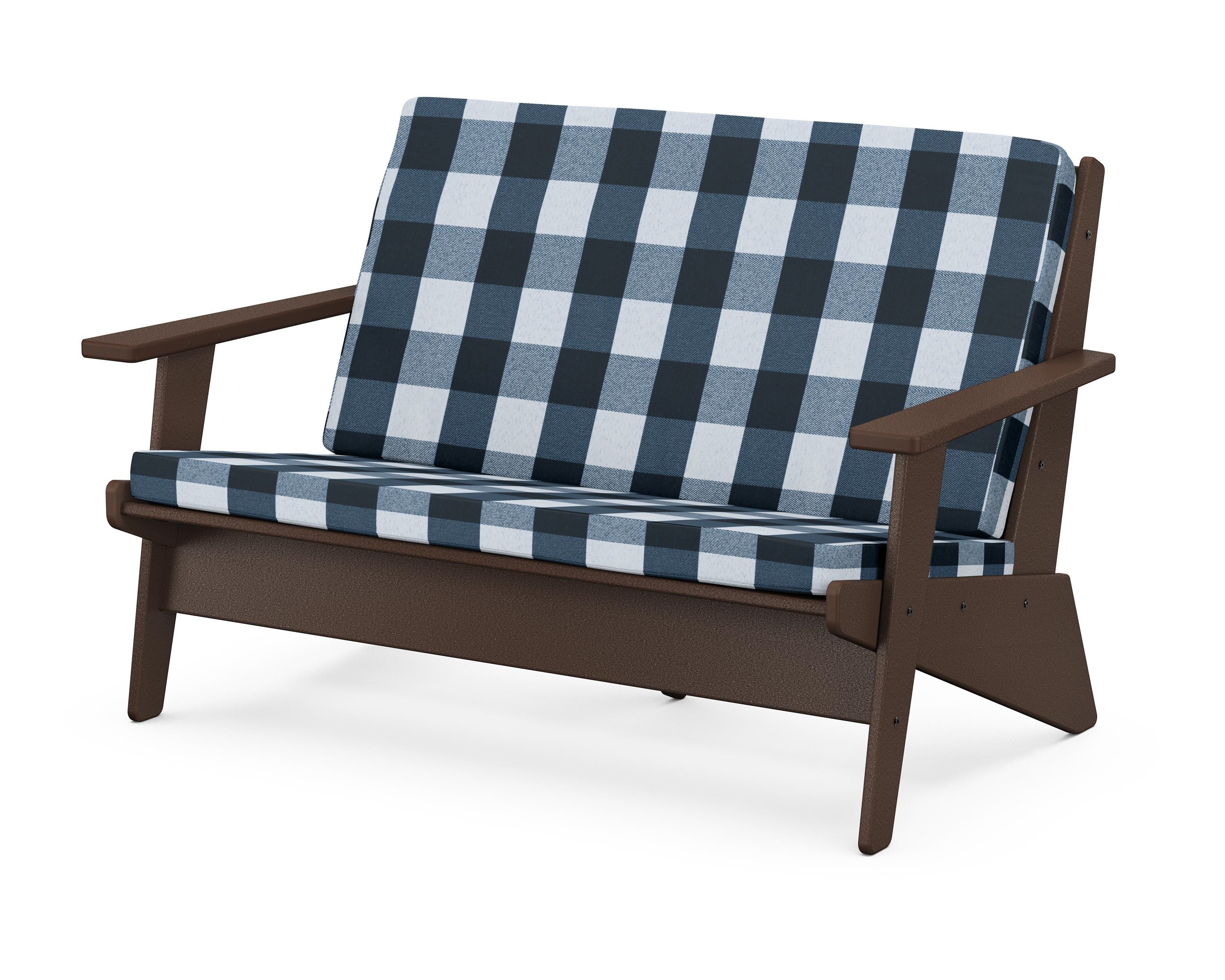 POLYWOOD® Riviera Modern Lounge Loveseat in Mahogany / Buffalo Plaid Marine Indigo