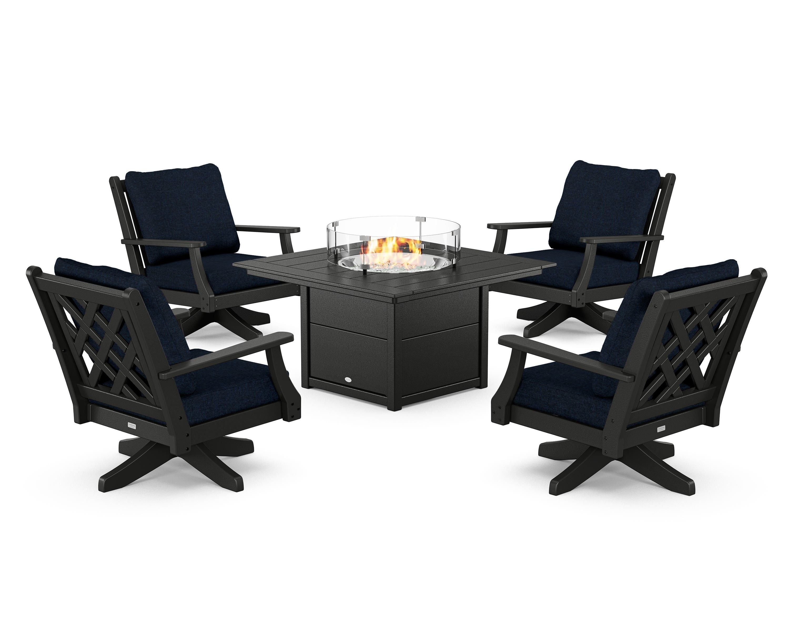 Country Living Wovendale 5-Piece Deep Seating Swivel Conversation Set with Fire Pit Table in Black / Marine Indigo