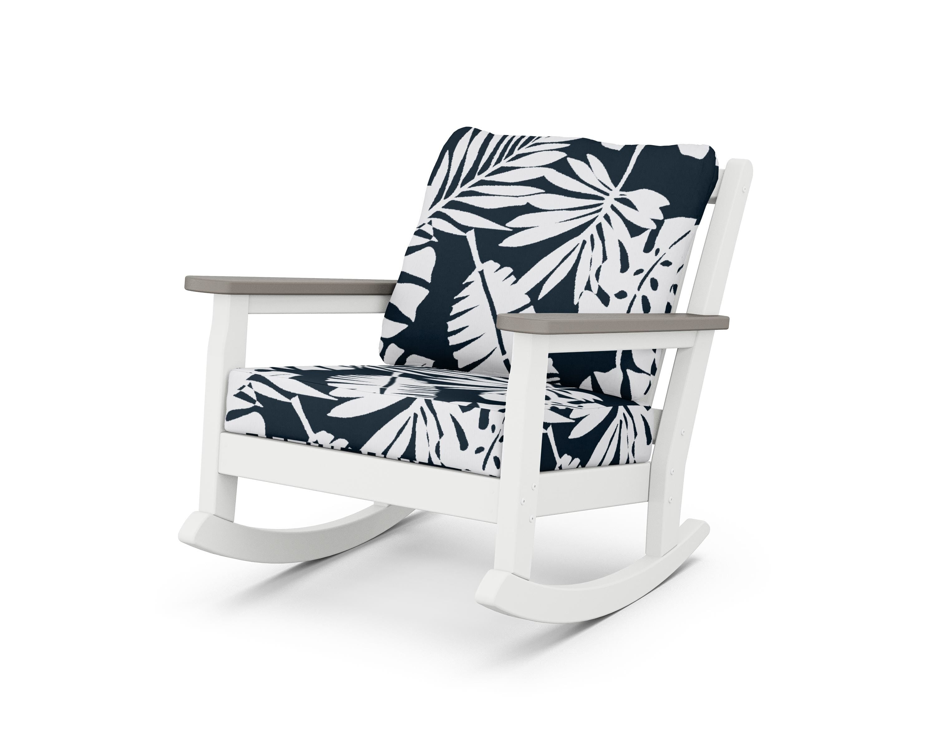 POLYWOOD® Chippendale Deep Seating Rocking Chair in White / Driftwood / Leaf Marine Indigo