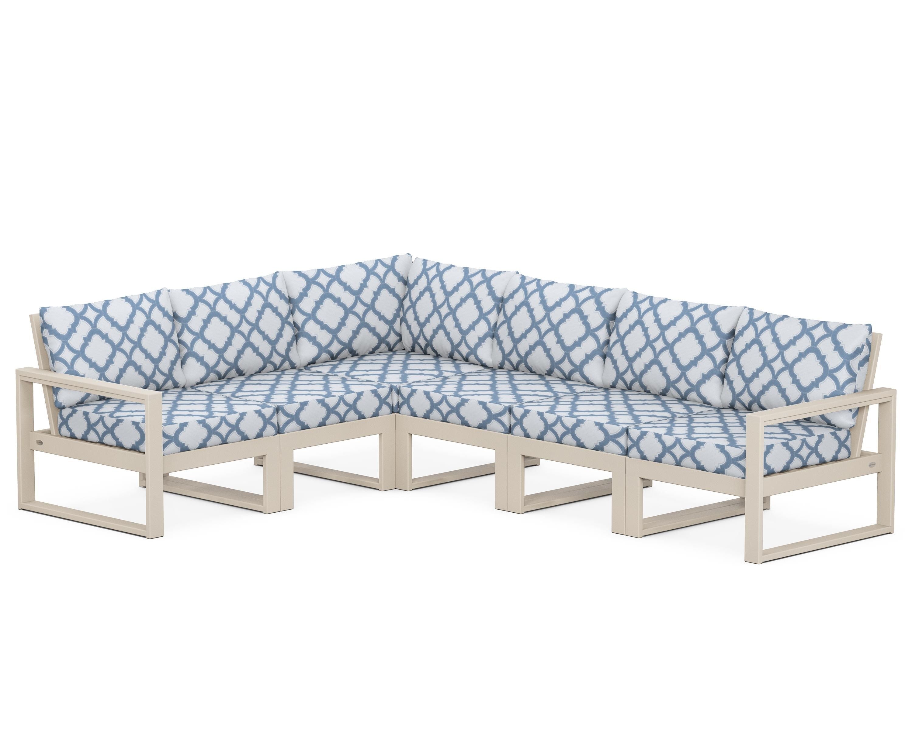 POLYWOOD® EDGE 6-Piece Modular Deep Seating Set in Sand / Trellis Sky Blue