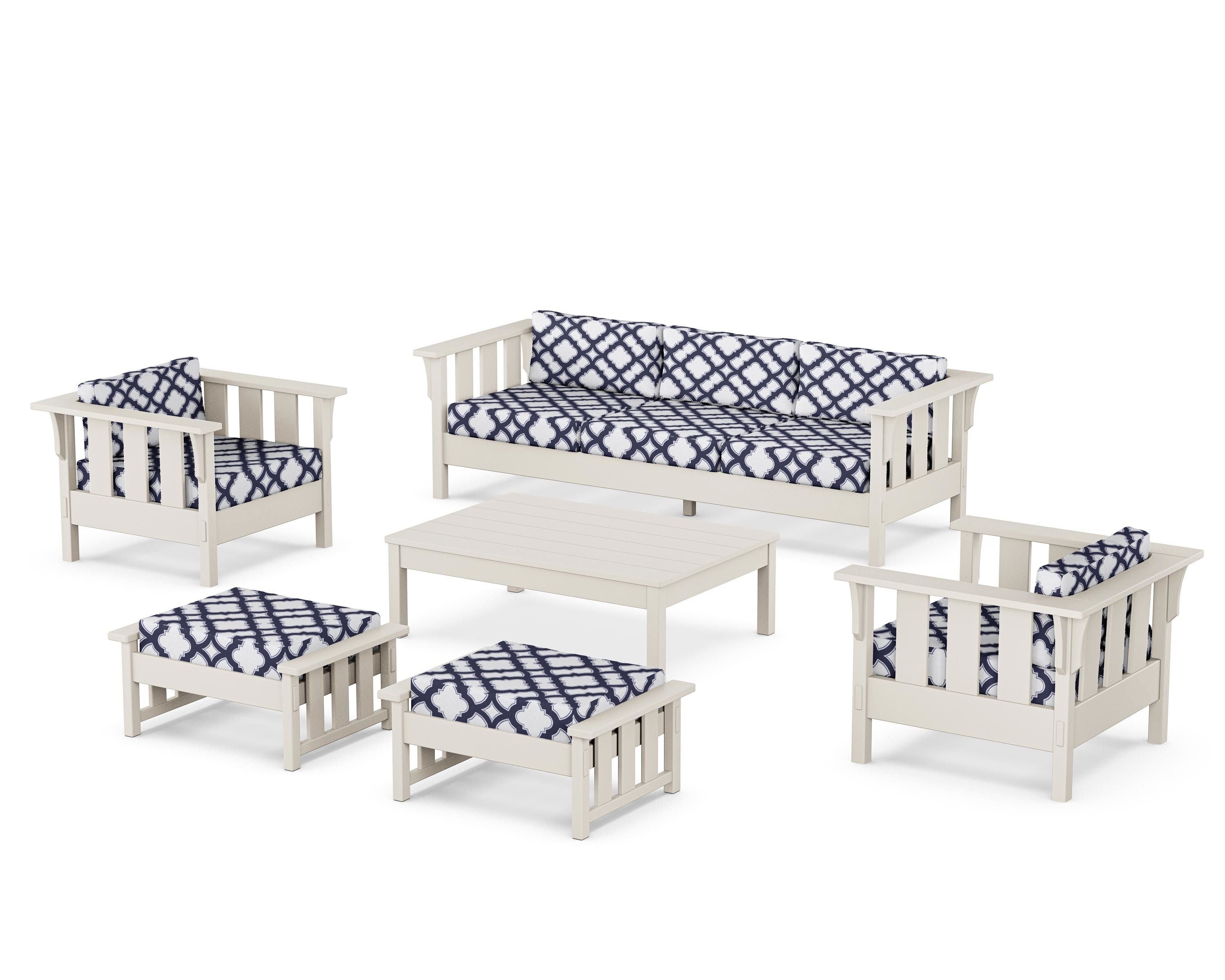 Martha Stewart by POLYWOOD® Acadia 6-Piece Lounge Sofa Set in Sand / Trellis Navy