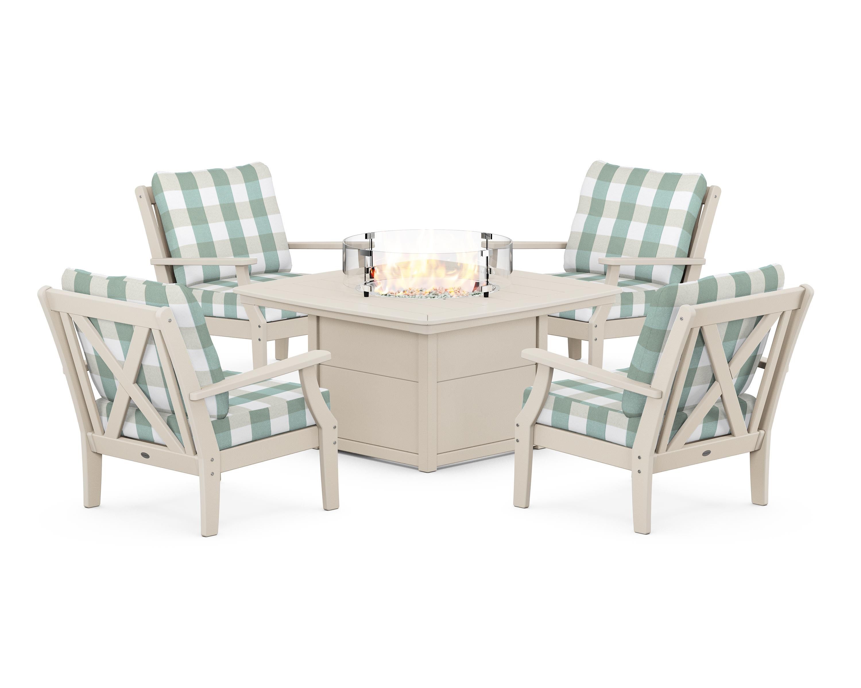 POLYWOOD® Braxton 5-Piece Deep Seating Conversation Set with Fire Pit Table in Sand / Buffalo Plaid Glacier Spa