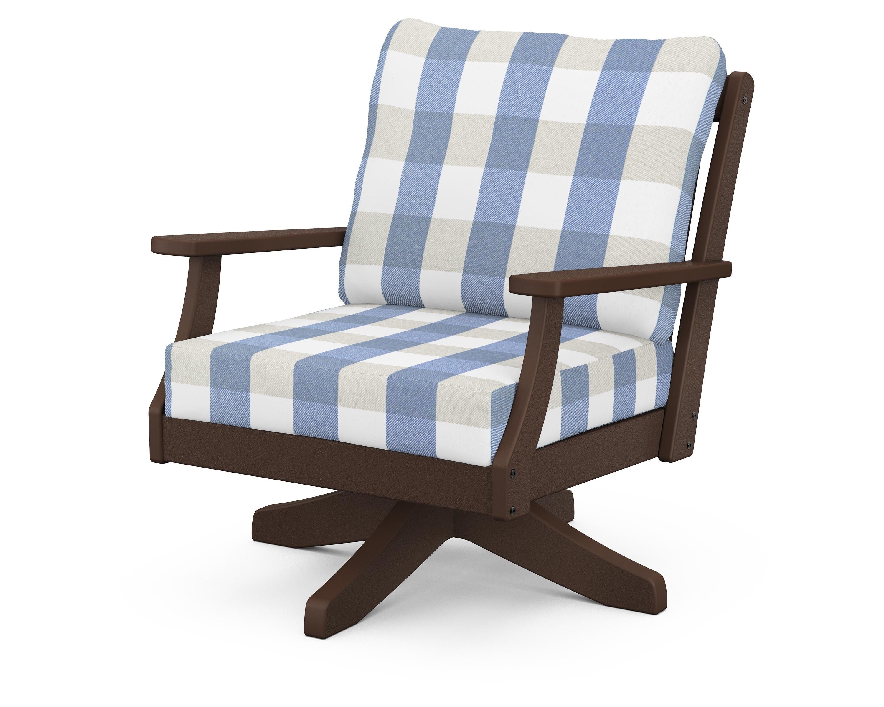POLYWOOD® Braxton Deep Seating Swivel Chair in Mahogany / Buffalo Plaid Sky Blue