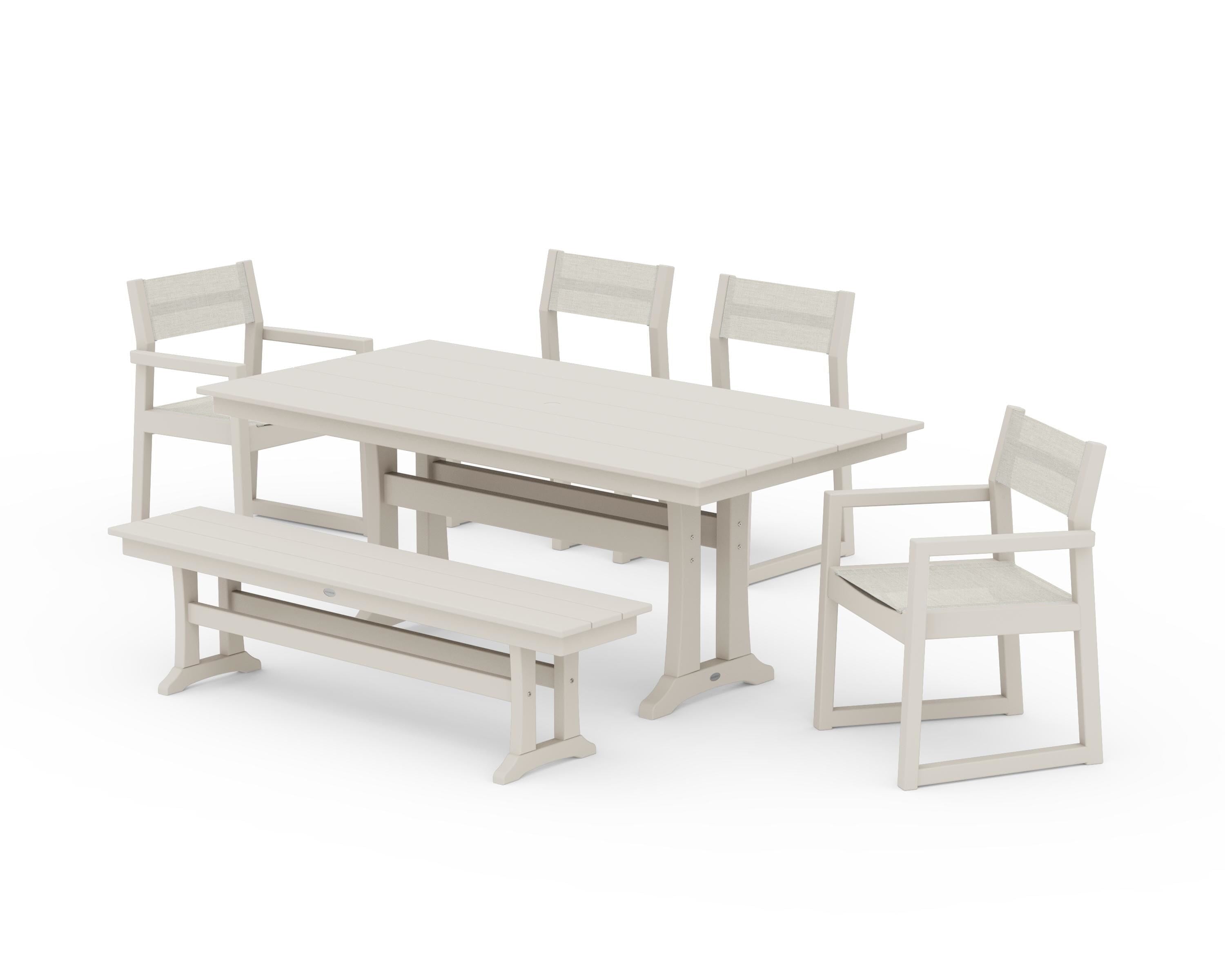 POLYWOOD® EDGE Sling 6-Piece Farmhouse Dining Set With Trestle Legs in Sand / Parchment Sling