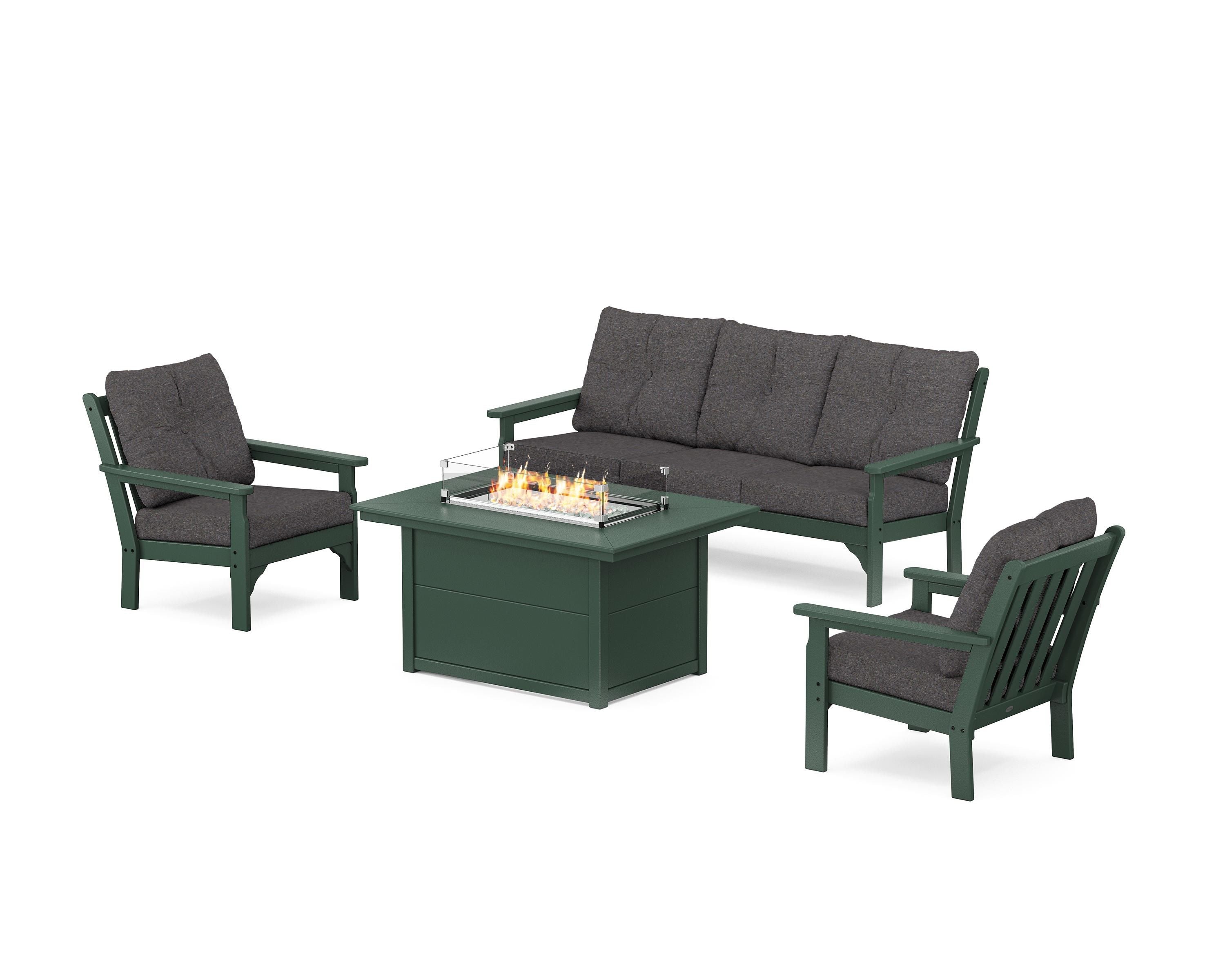 POLYWOOD® Vineyard Deep Seating Fire Pit Table Set in Green / Ash Charcoal