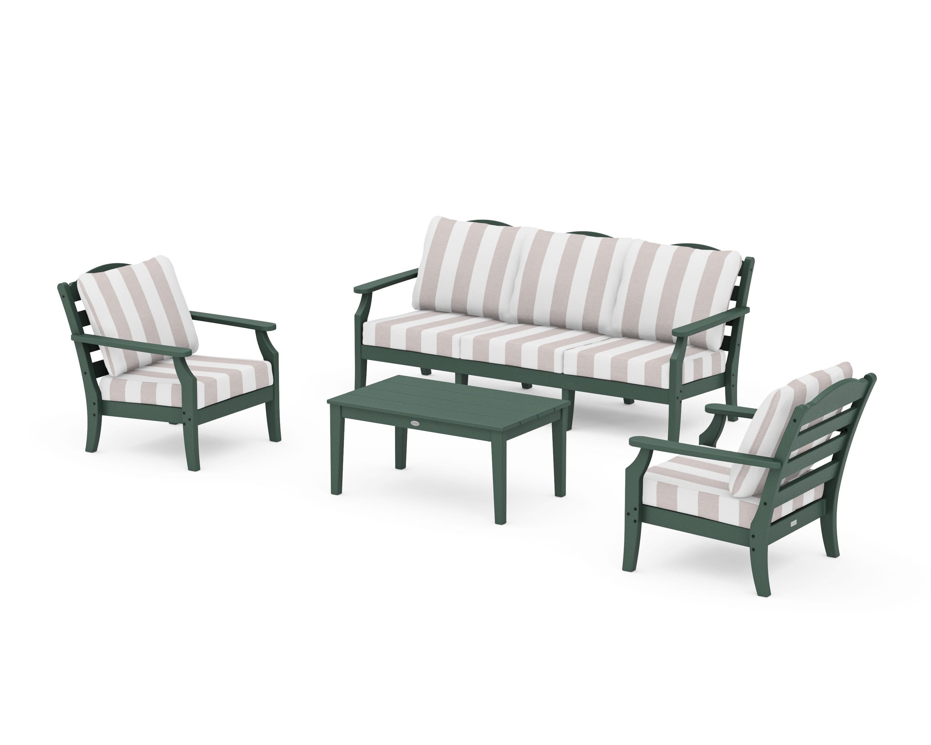 Draper James™ by POLYWOOD® Savannah 4-Piece Deep Seating Set with Sofa in Green / Cabana Stripe Dune Burlap