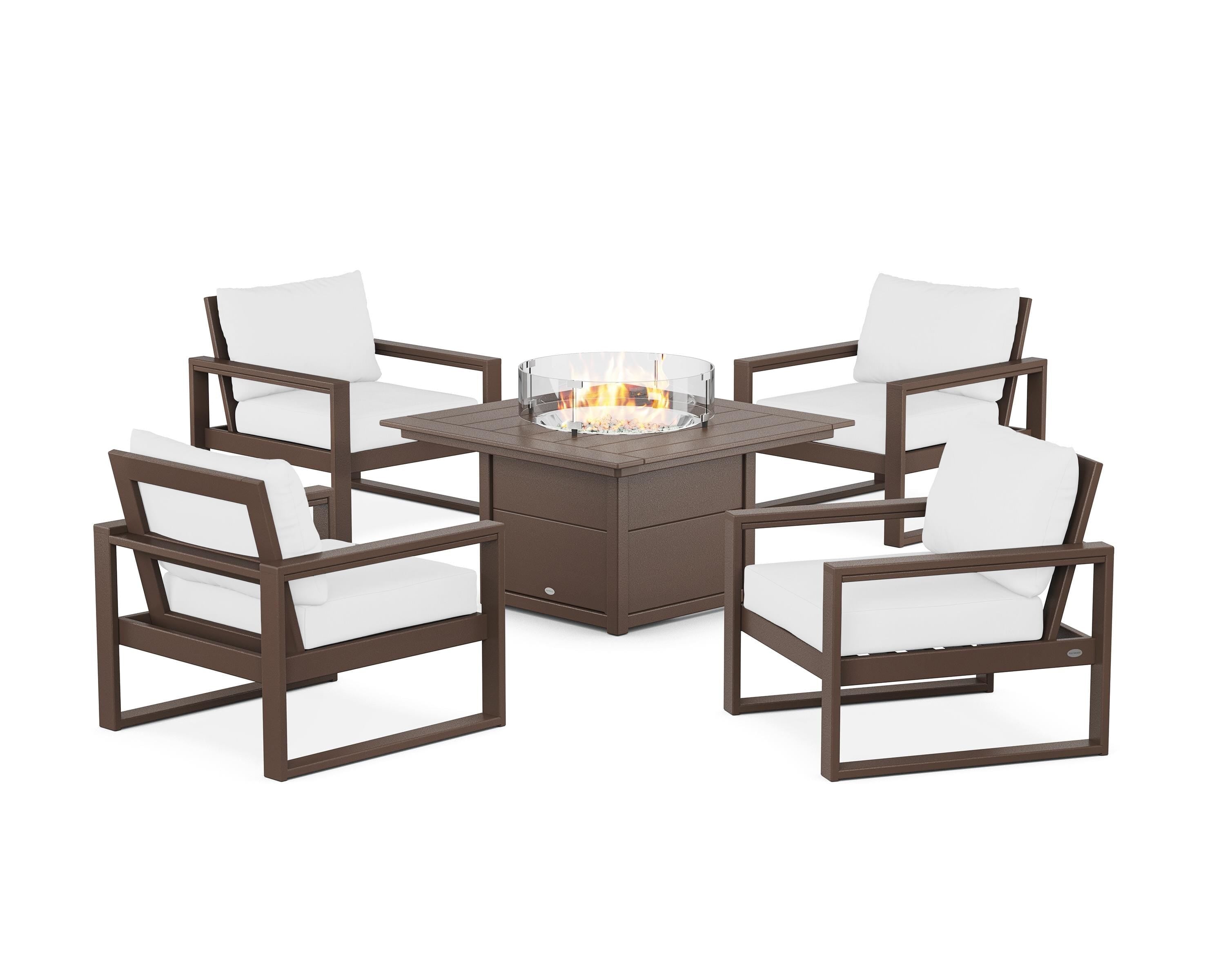 POLYWOOD® EDGE Sectional 5-Piece Deep Seating Set with Fire Pit Table in Mahogany / Natural