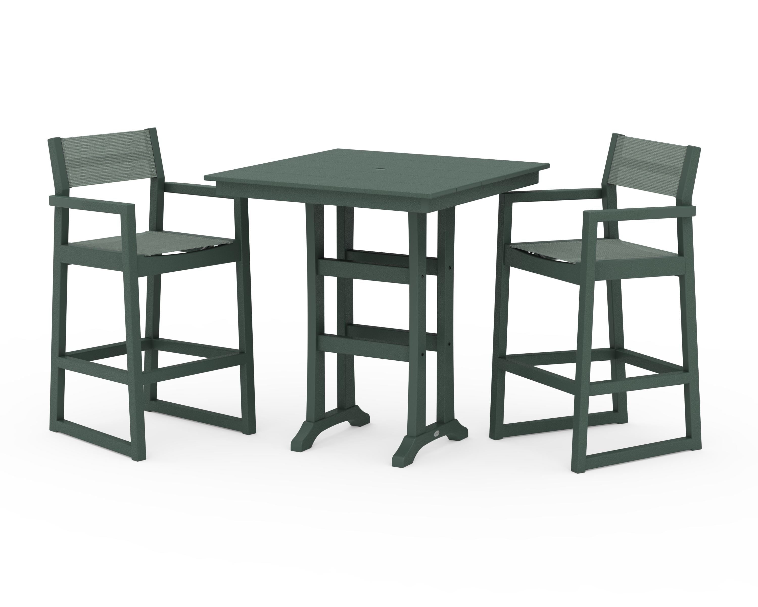 POLYWOOD® EDGE Sling Arm Chair 3-Piece Farmhouse Bar Set with Trestle Legs in Green / Dupioni Sea Mist Sling