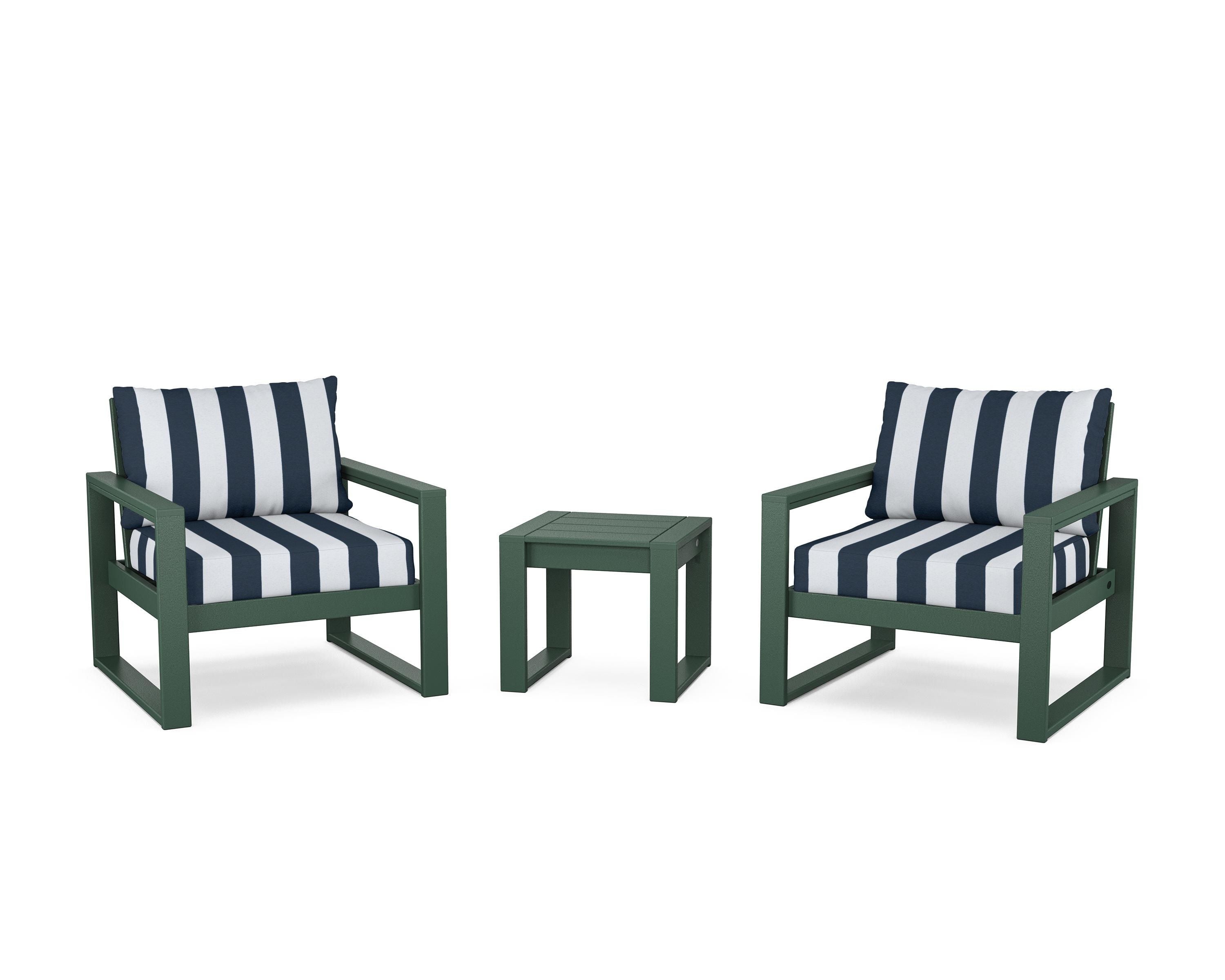 POLYWOOD® EDGE Sectional 3-Piece Deep Seating Set in Green / Cabana Stripe Marine Indigo
