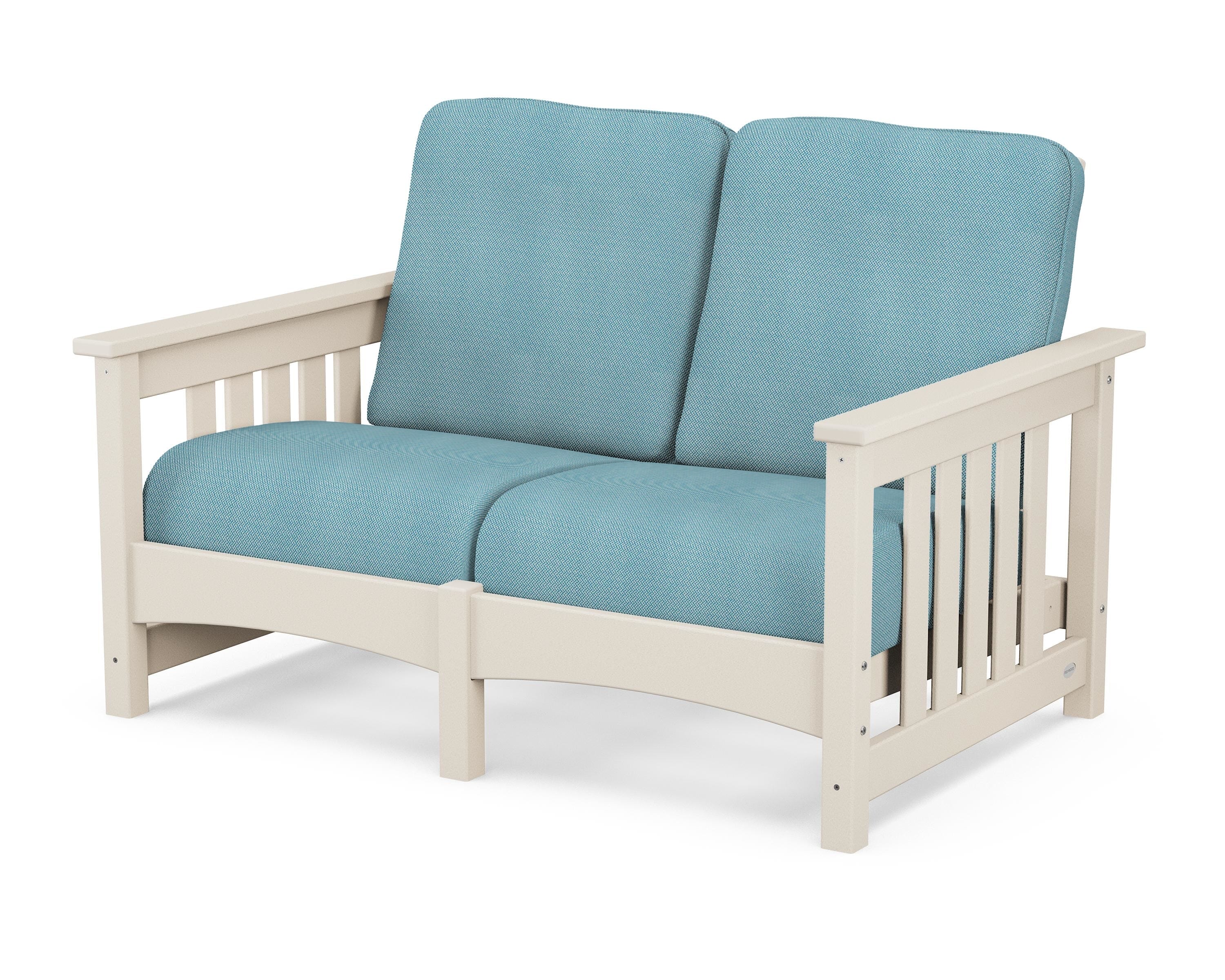 POLYWOOD® Club Mission Loveseat in Sand / Lattice Sky Blue