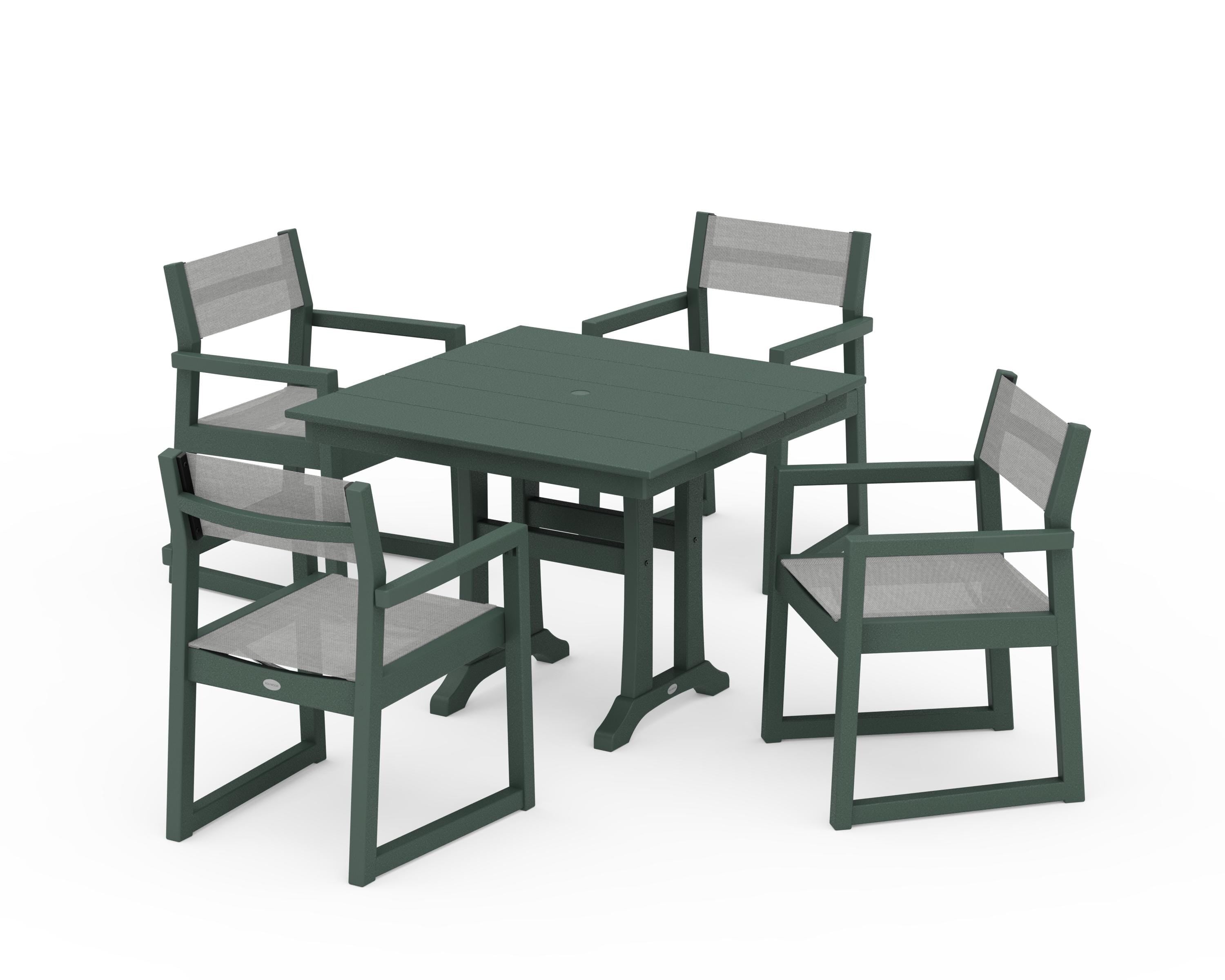 POLYWOOD® EDGE Sling 5-Piece Farmhouse Dining Set with Trestle Legs in Green / Metallic Sling