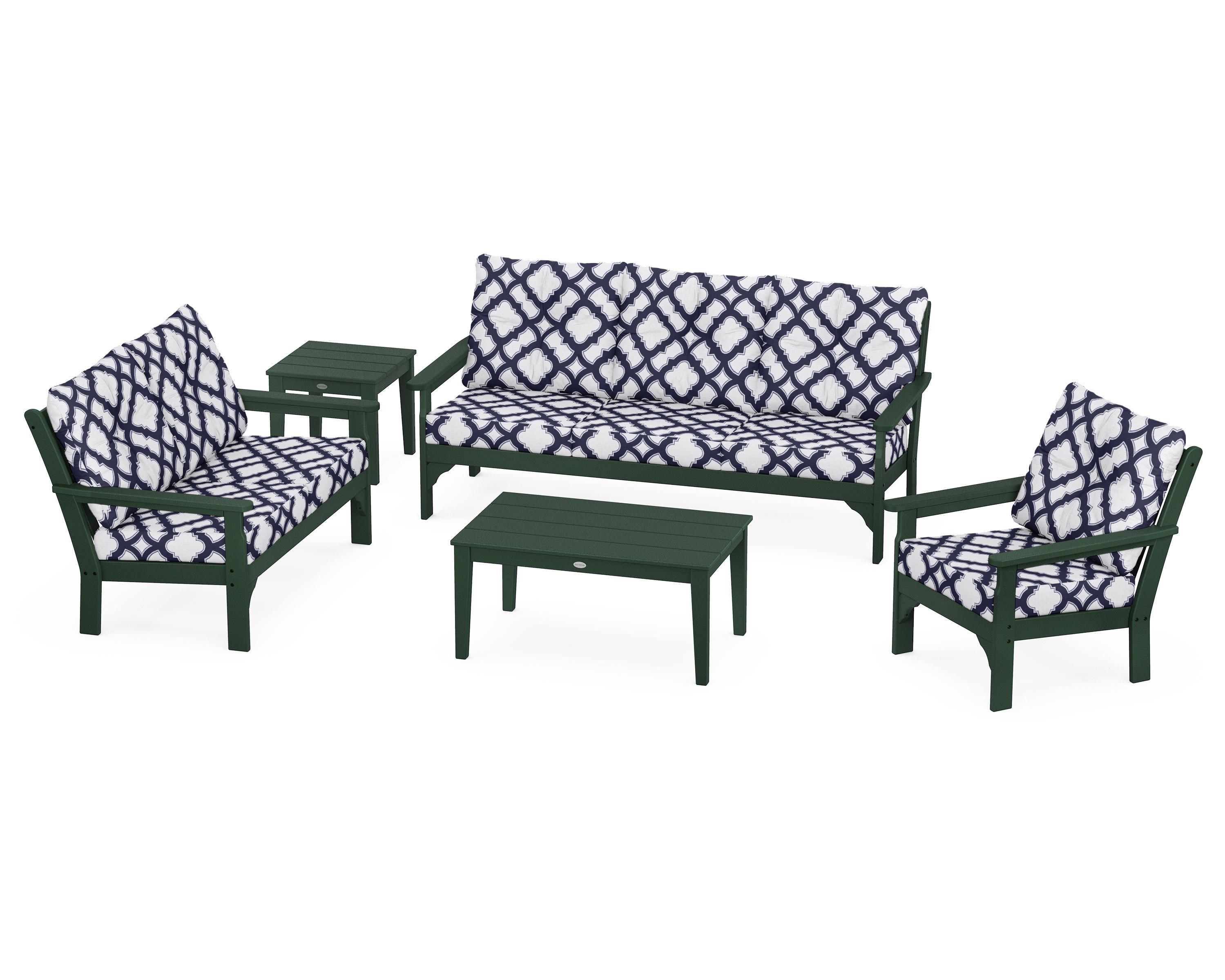 POLYWOOD® Vineyard 5 Piece Deep Seating Set in Green / Trellis Navy