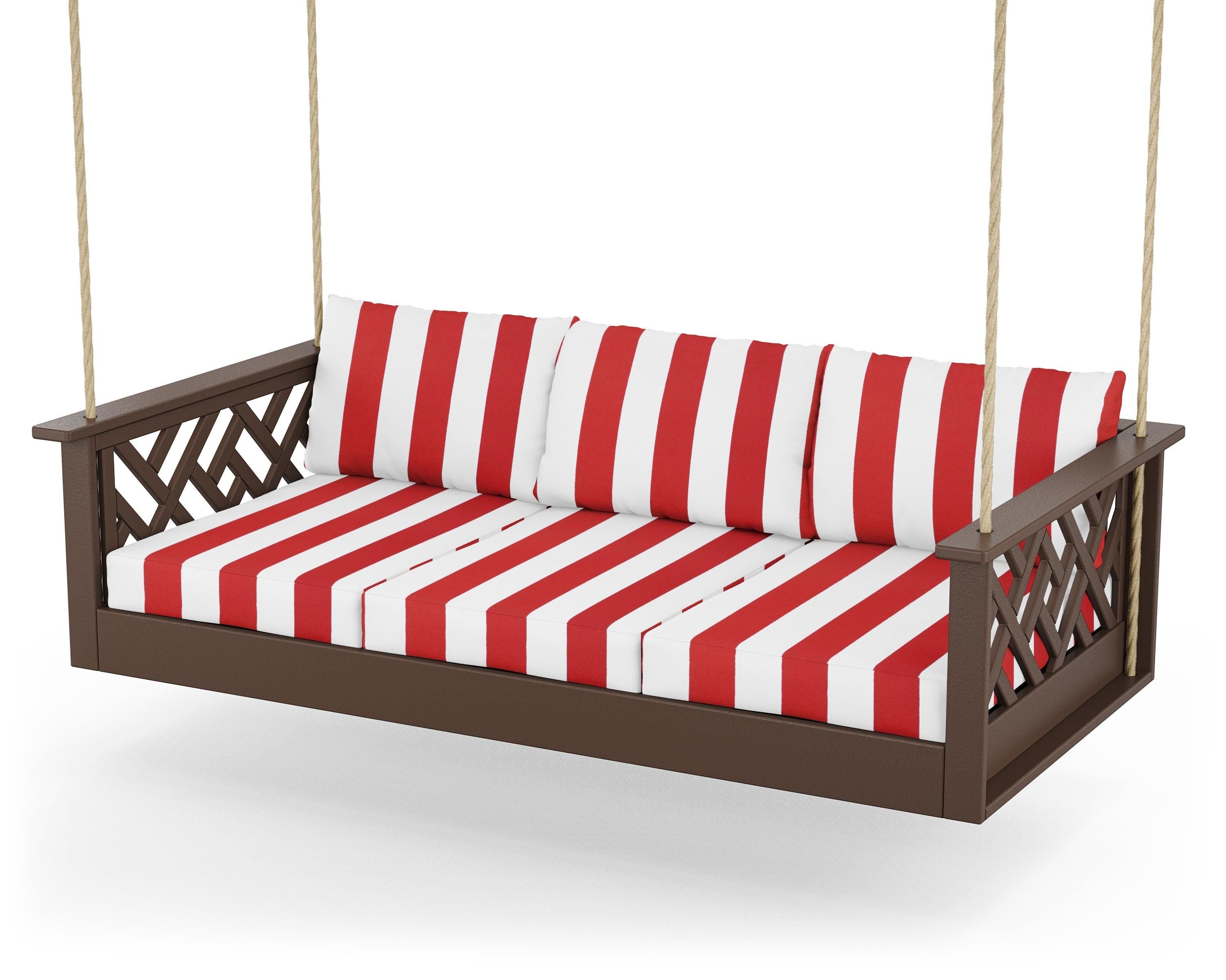 POLYWOOD® Chippendale Daybed Swing in Mahogany / Cabana Stripe Crimson