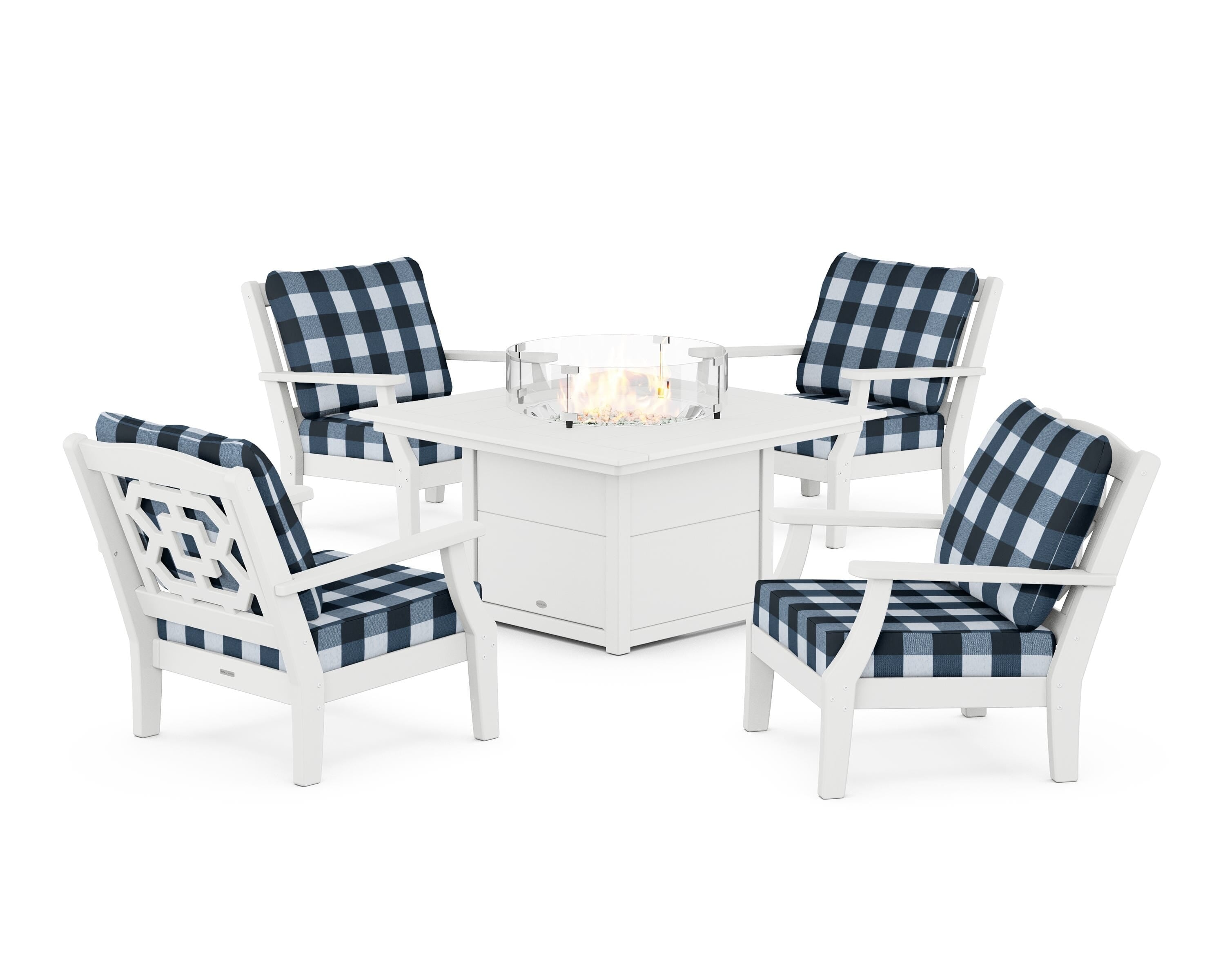Martha Stewart by POLYWOOD® Chinoiserie 5-Piece Deep Seating Set with Fire Pit Table in White / Buffalo Plaid Marine Indigo