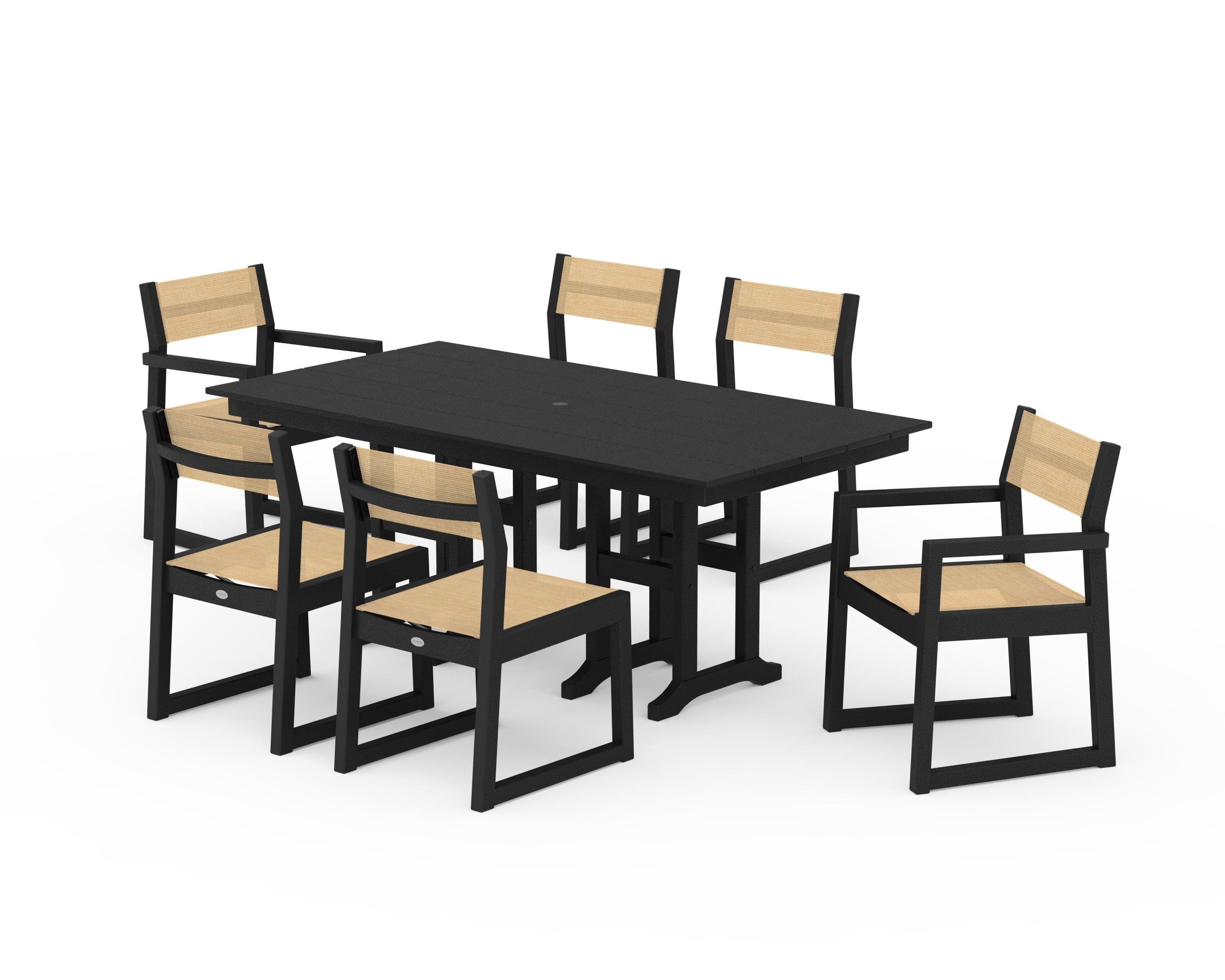 POLYWOOD® EDGE Sling 7-Piece Farmhouse Dining Set in Black / Dupioni Apricot Sling
