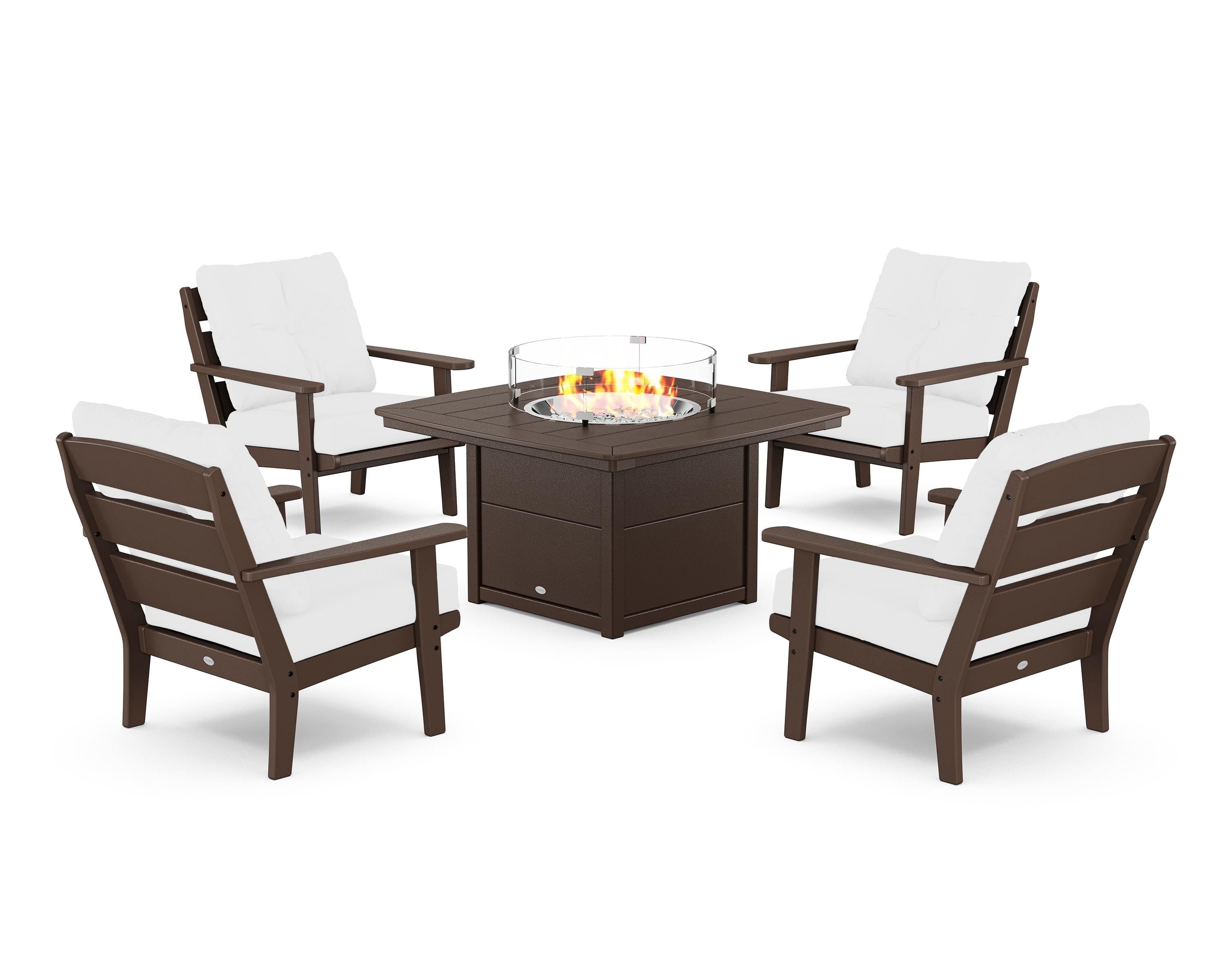 POLYWOOD® Lakeside 5-Piece Deep Seating Set with Nautical Fire Pit Table in Mahogany / Natural