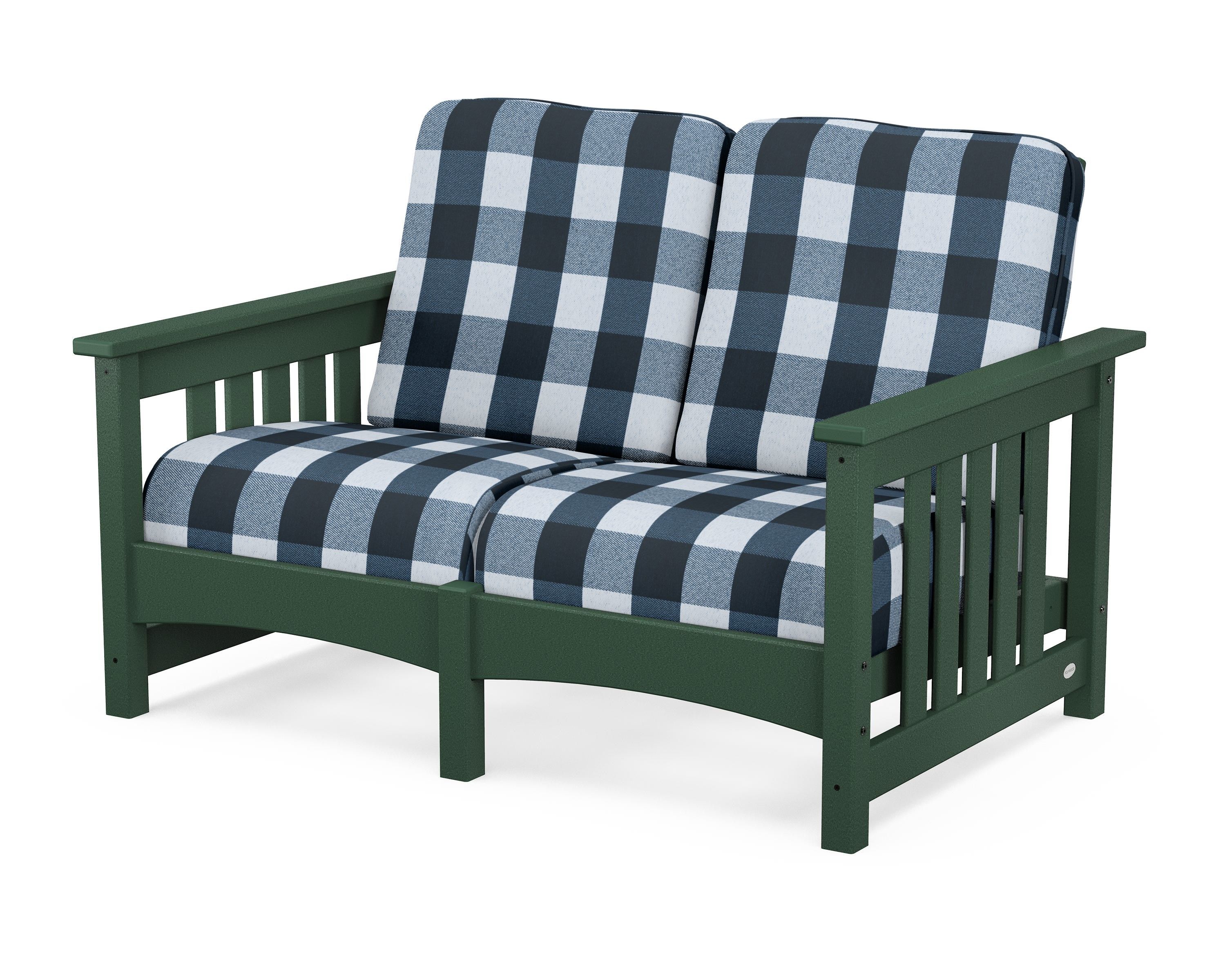 POLYWOOD® Club Mission Loveseat in Green / Buffalo Plaid Marine Indigo