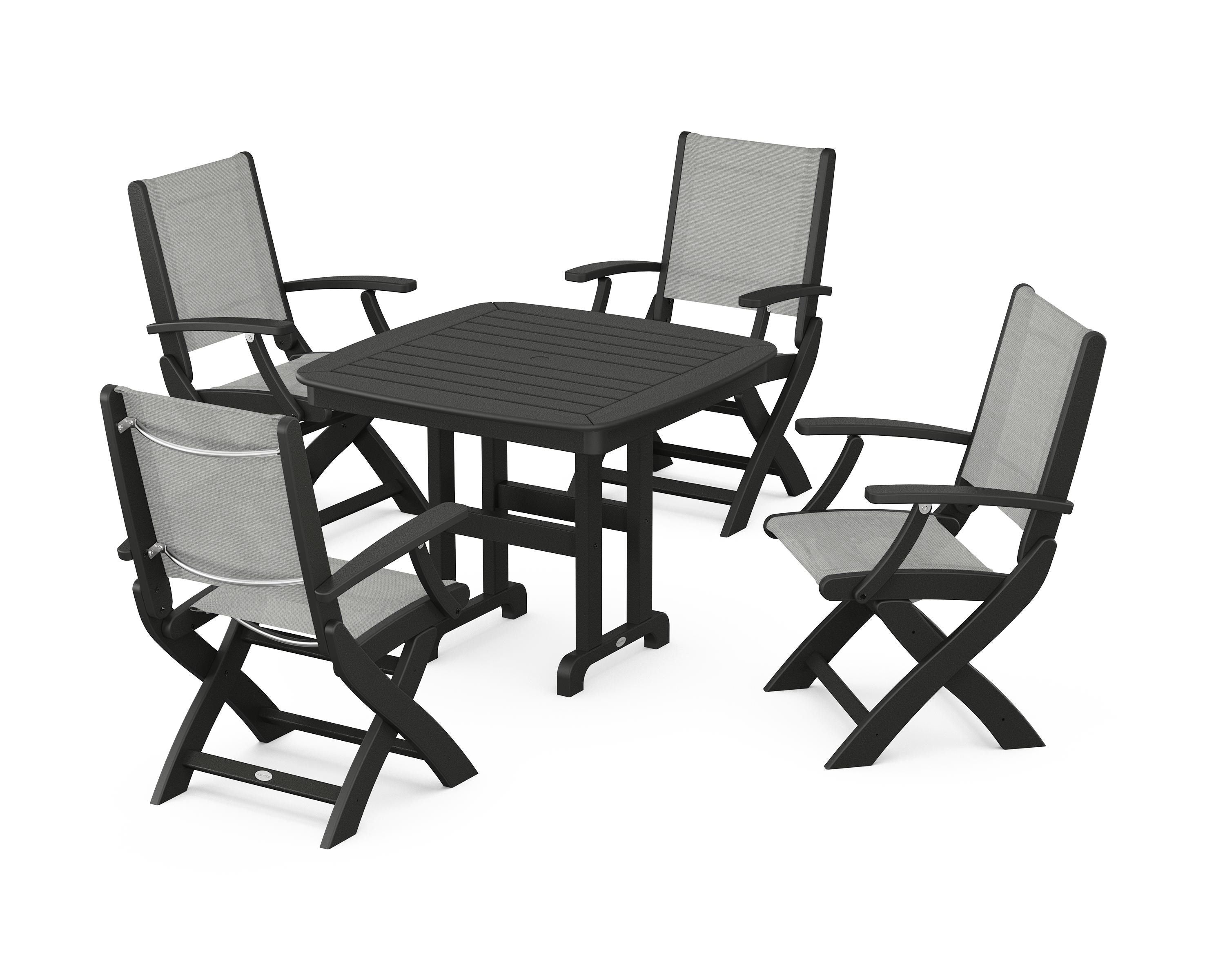 POLYWOOD® Coastal Folding Chair 5-Piece Dining Set in Black / Metallic Sling