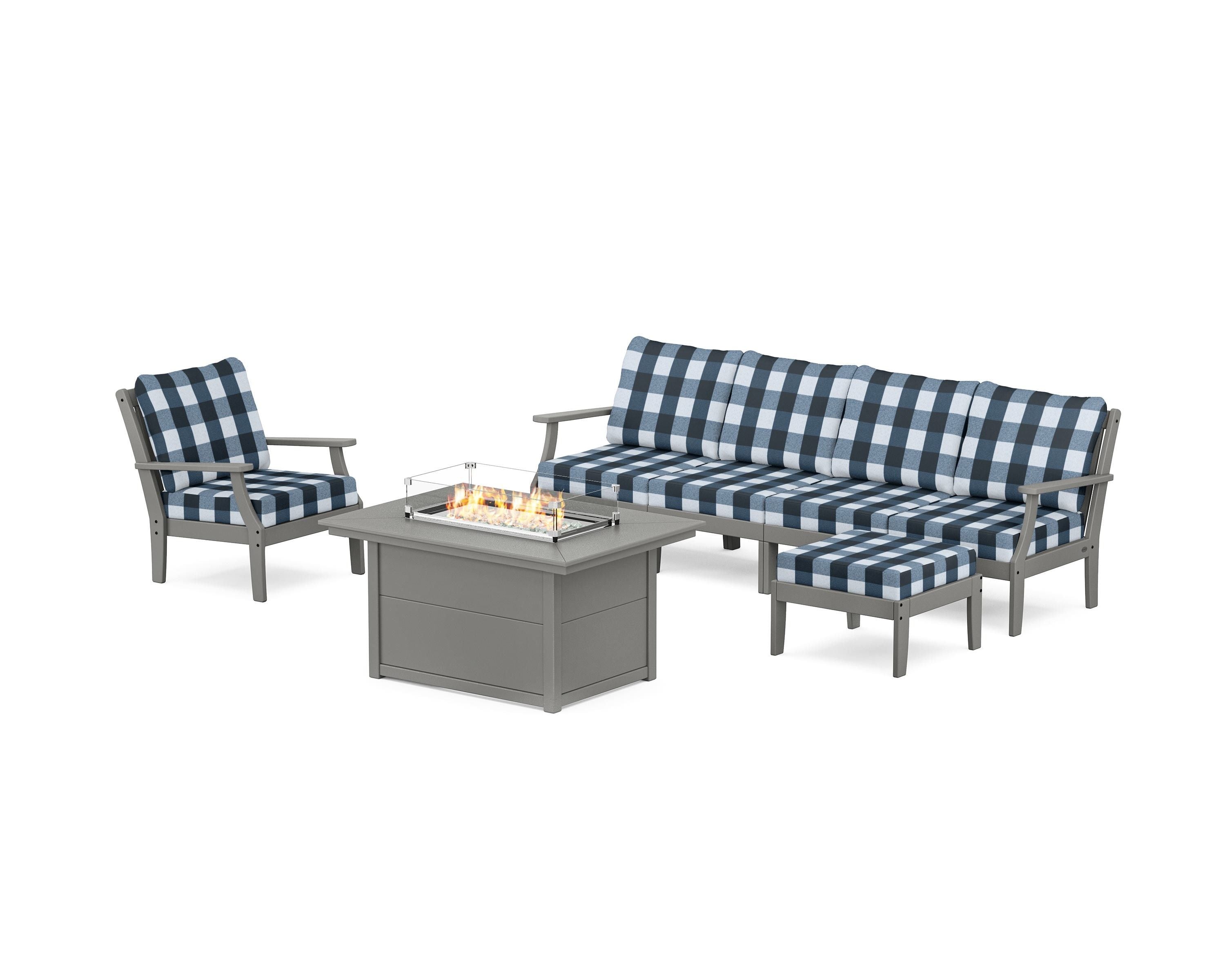 POLYWOOD® Braxton Sectional Lounge and Fire Pit Set in Slate Grey / Buffalo Plaid Marine Indigo