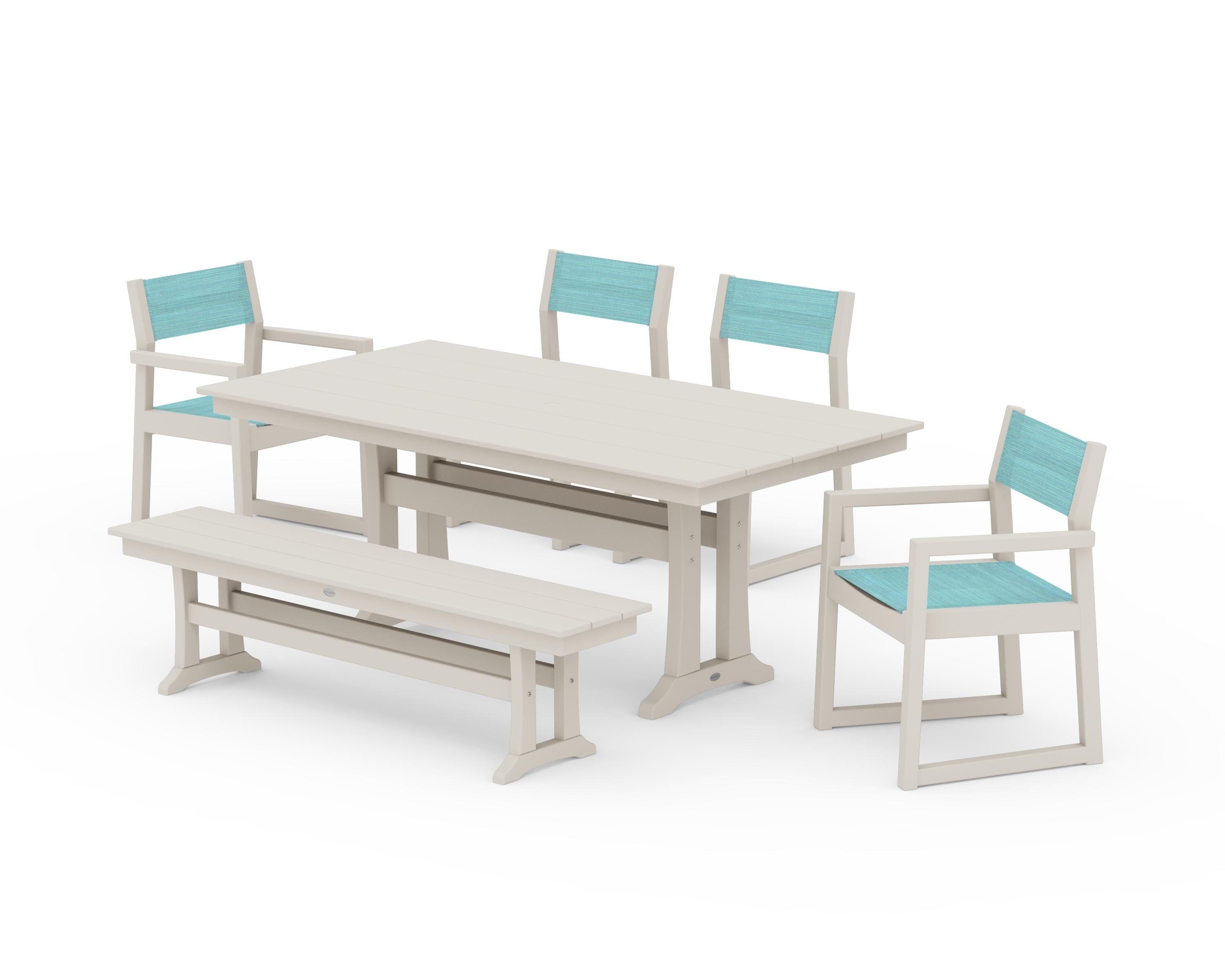 POLYWOOD® EDGE Sling 6-Piece Farmhouse Dining Set With Trestle Legs in Sand / Dupioni Aquamarine Sling