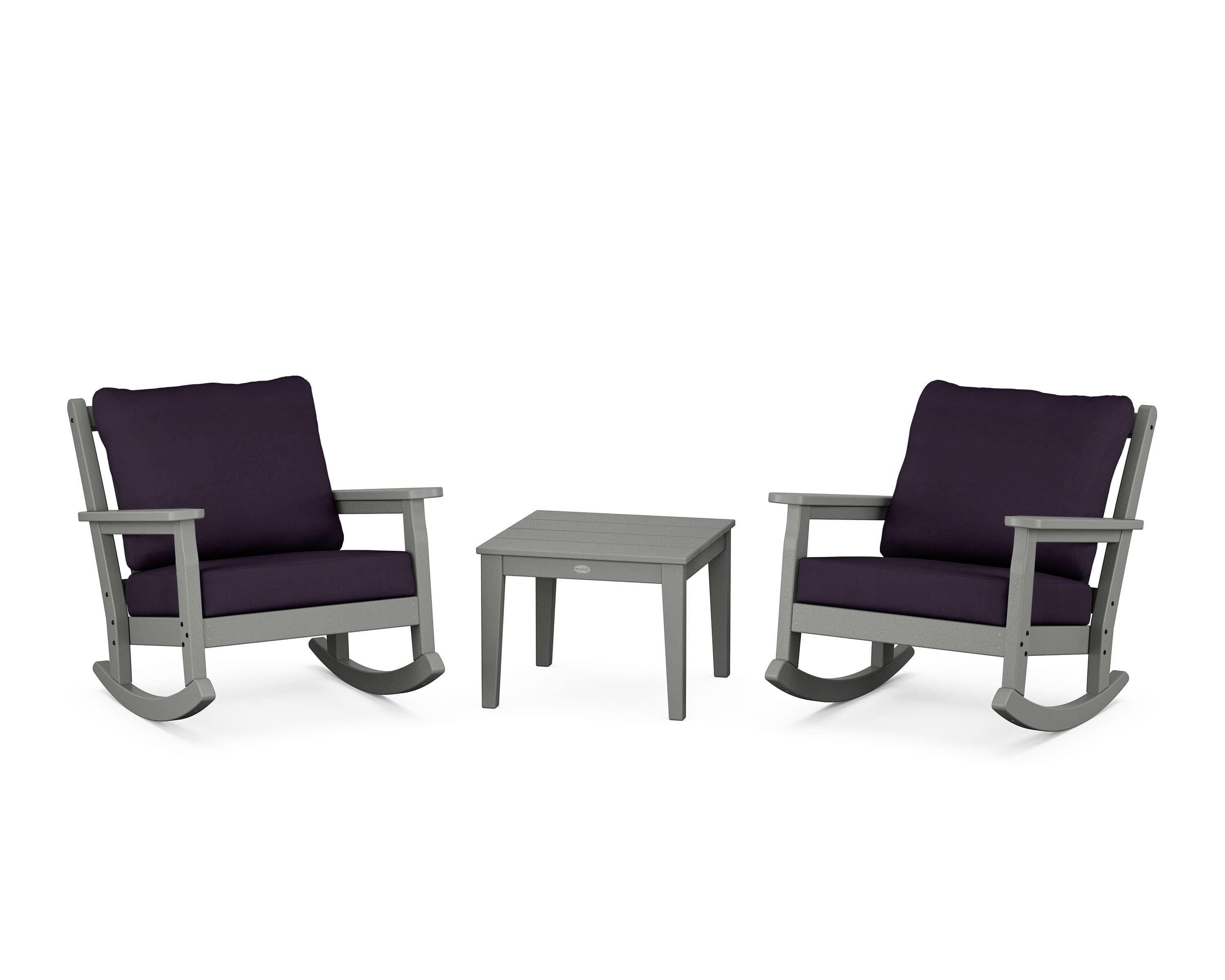 POLYWOOD® Chippendale 3-Piece Deep Seating Rocker Set in Slate Grey / Navy Linen