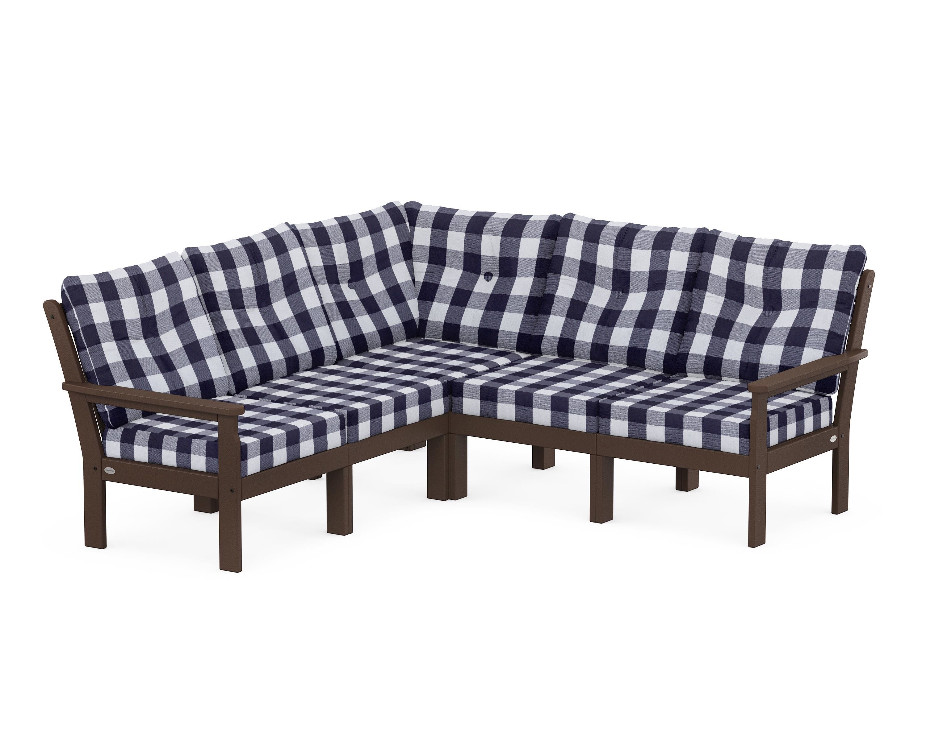 POLYWOOD® Vineyard 5-Piece Sectional in Mahogany / Buffalo Plaid Navy