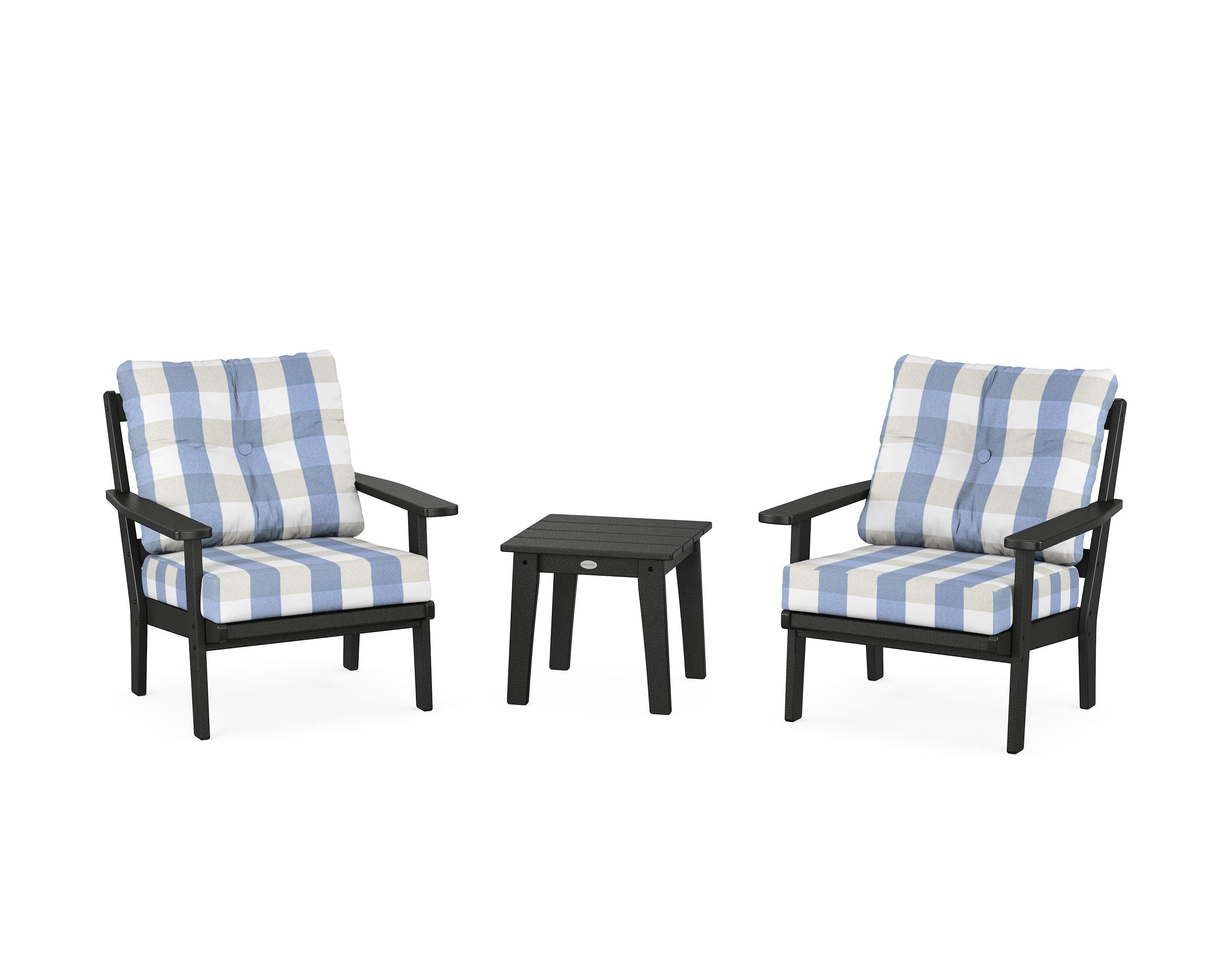 POLYWOOD® Prairie 3-Piece Deep Seating Set in Black / Buffalo Plaid Sky Blue