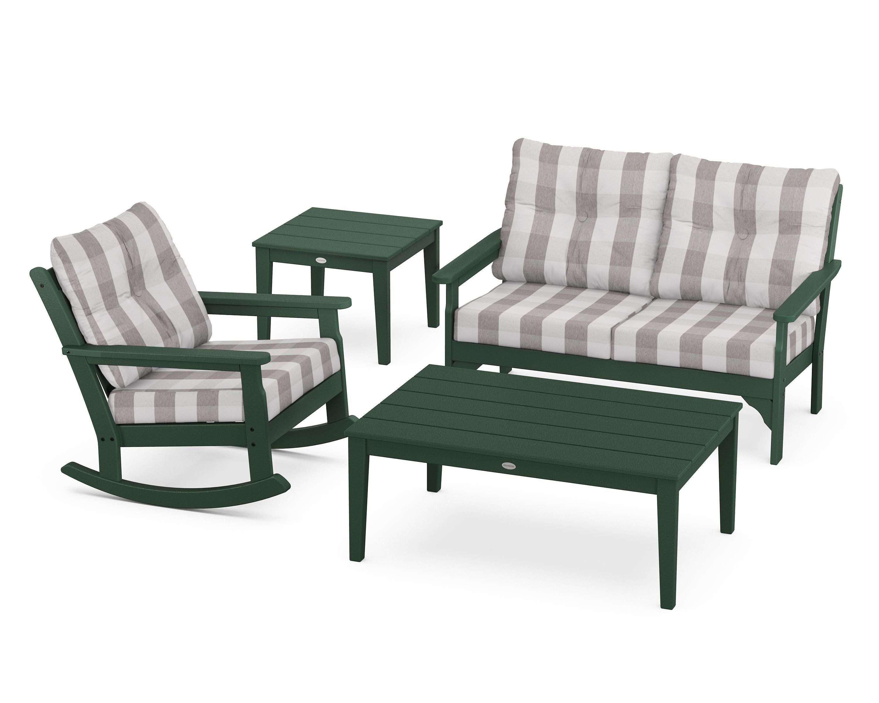 POLYWOOD® Vineyard 4-Piece Deep Seating Rocker Set in Green / Buffalo Plaid Grey Mist