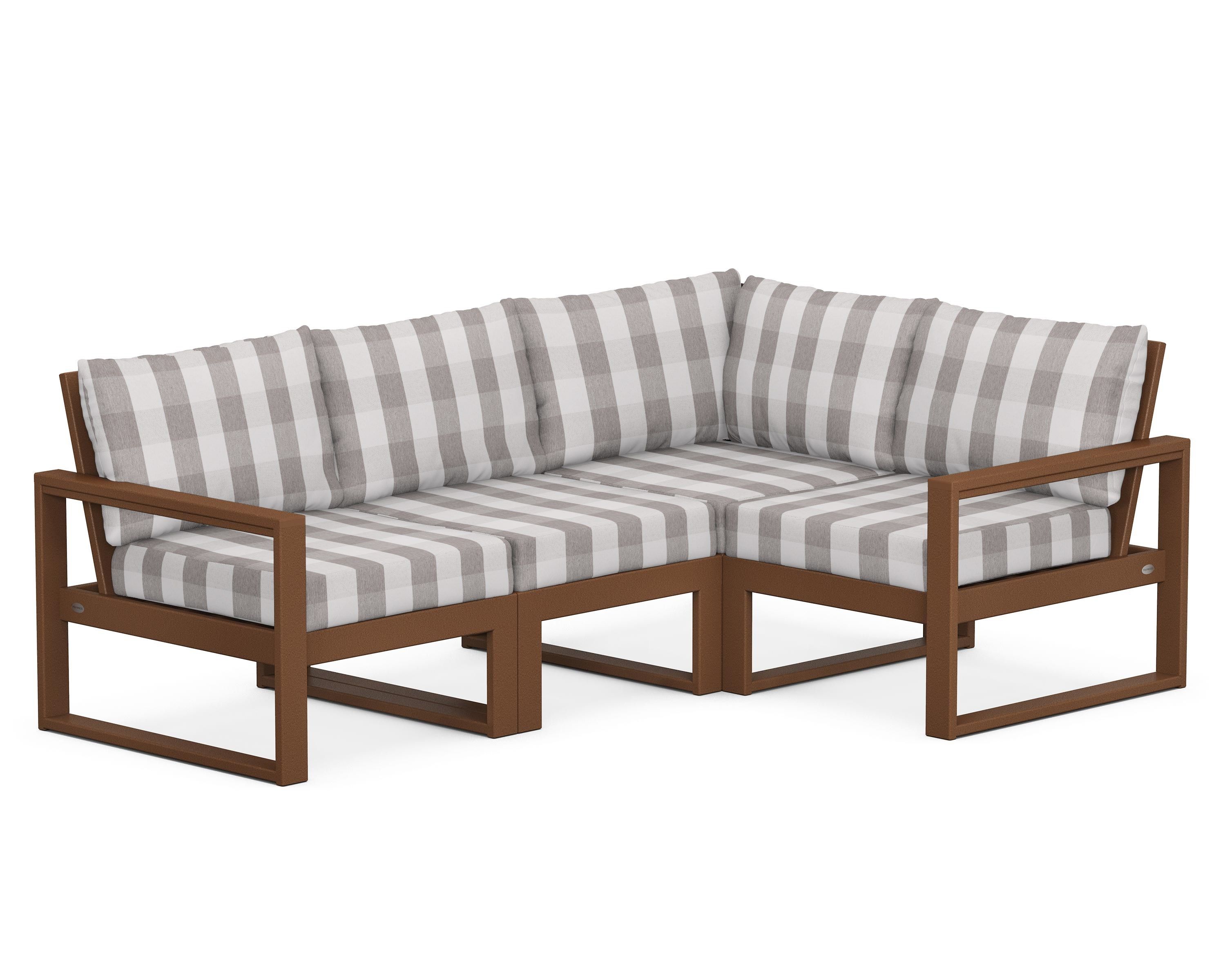 POLYWOOD® EDGE 4-Piece Modular Deep Seating Set in Teak / Buffalo Plaid Grey Mist