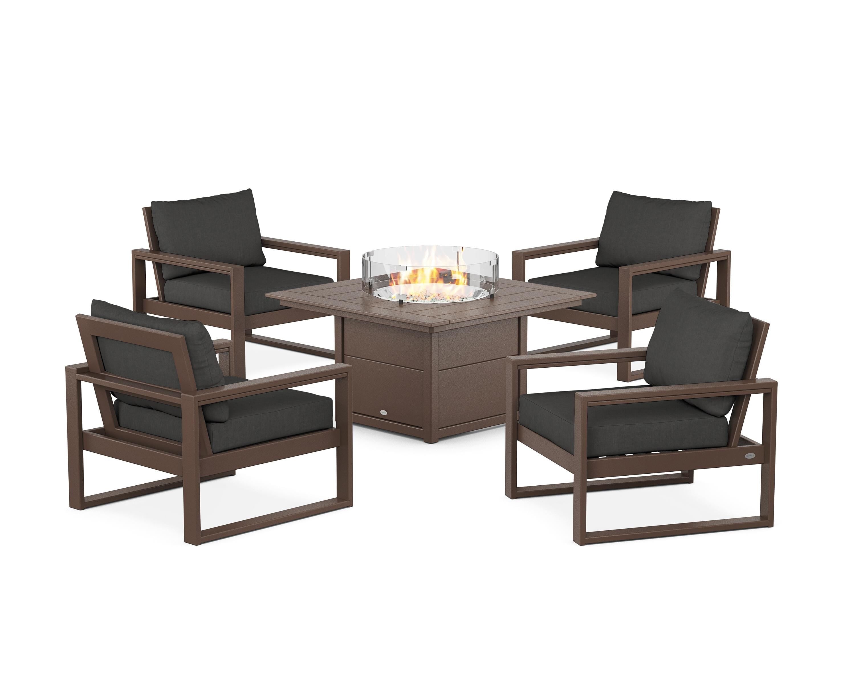 POLYWOOD® EDGE Sectional 5-Piece Deep Seating Set with Fire Pit Table in Mahogany / Spectrum Carbon
