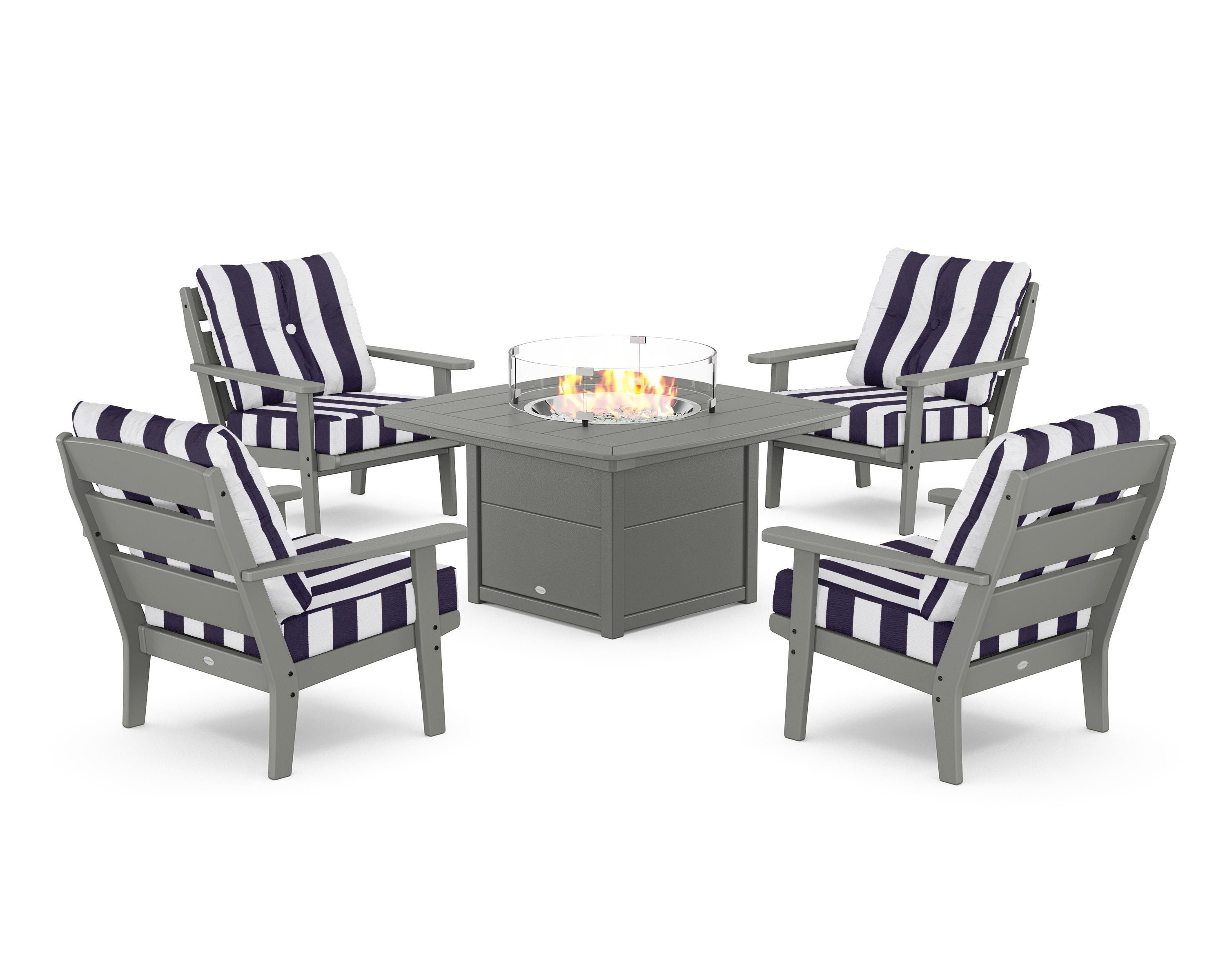 POLYWOOD® Lakeside 5-Piece Deep Seating Set with Nautical Fire Pit Table in Slate Grey / Cabana Stripe Navy