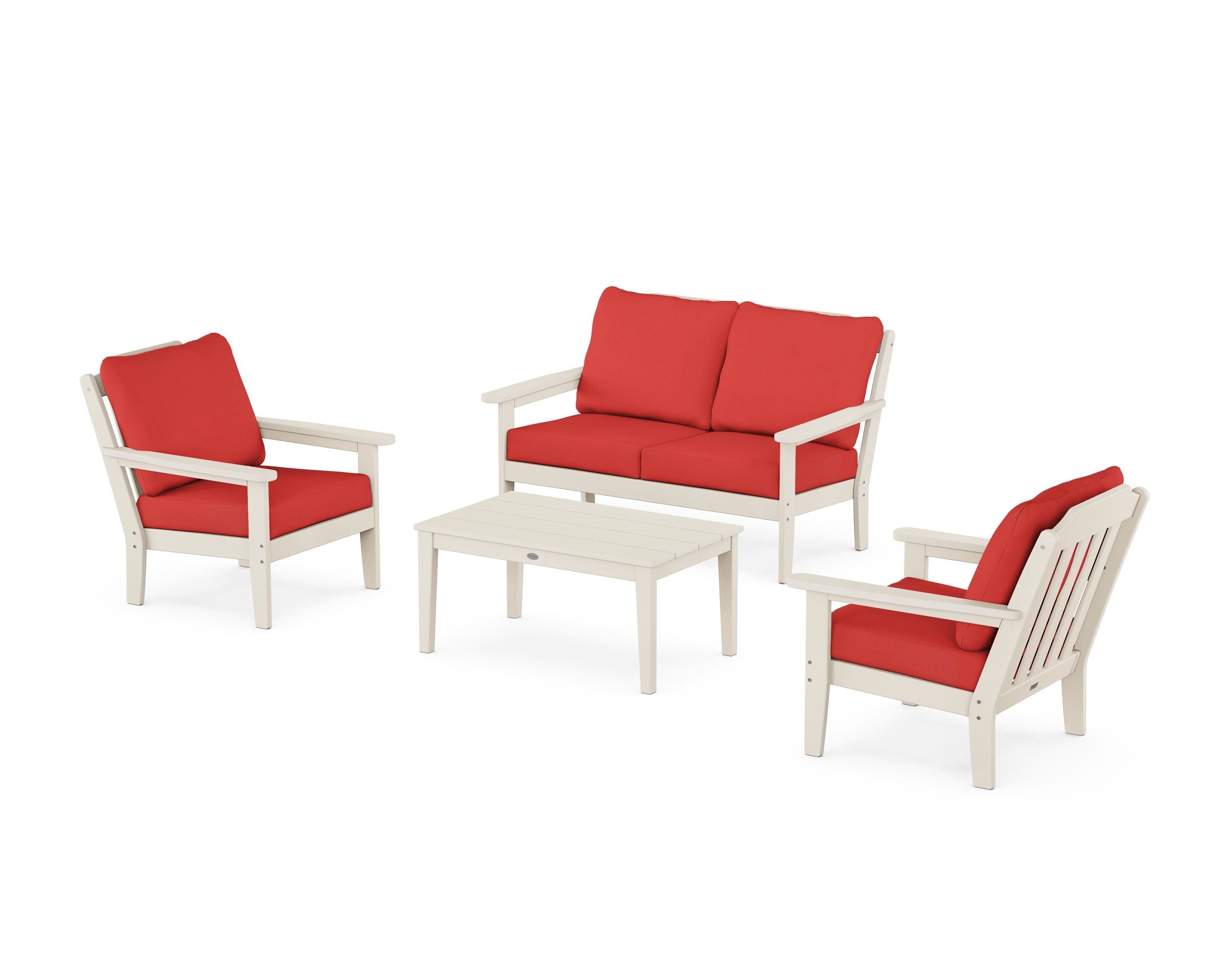 Country Living Cottage 4-Piece Deep Seating Set with Loveseat in Sand / Crimson Linen