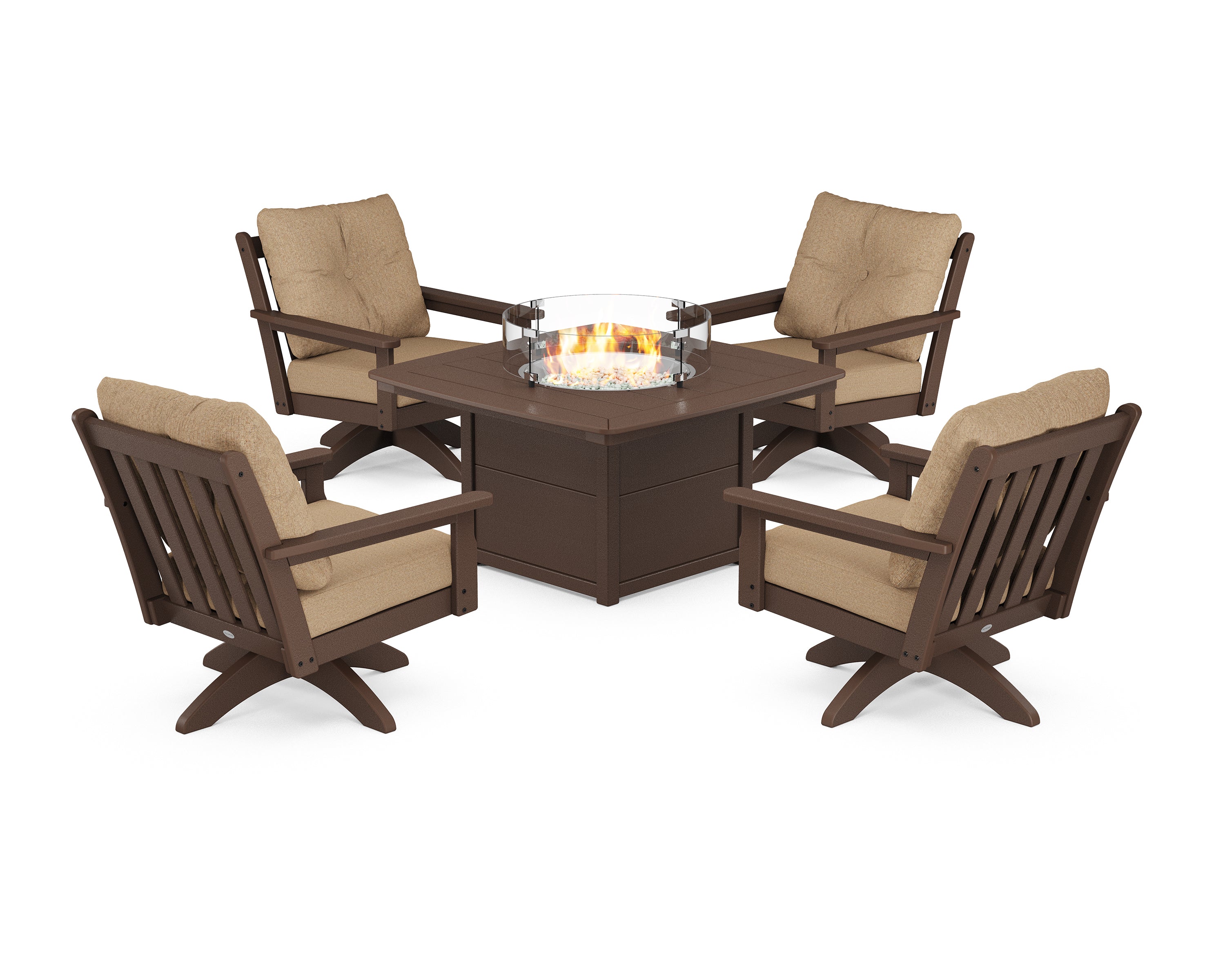 POLYWOOD® Vineyard 5-Piece Deep Seating Swivel Conversation Set with Fire Pit Table in Mahogany / Sesame