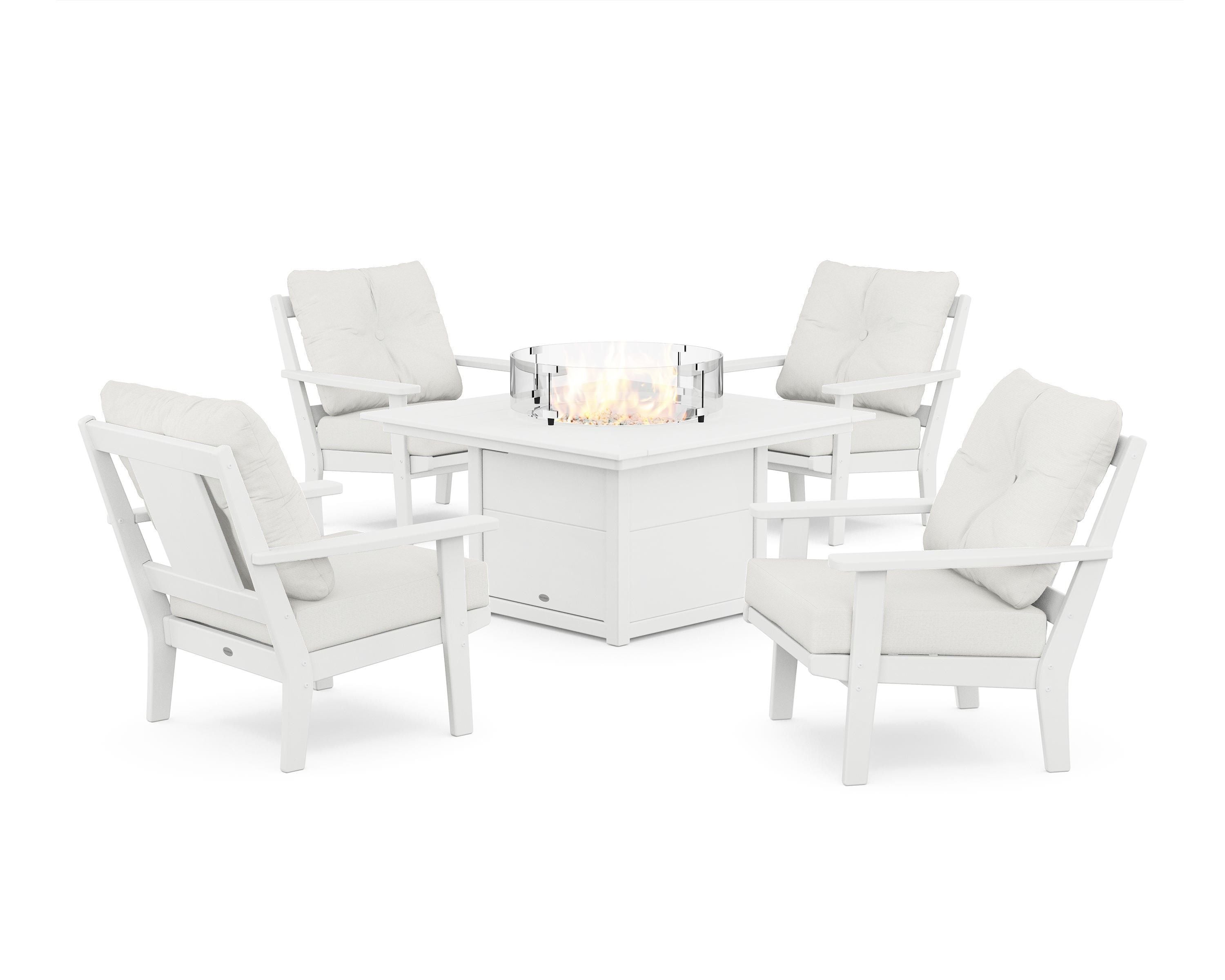 POLYWOOD® Prairie 5-Piece Deep Seating Set with Fire Pit Table in White / Natural Linen