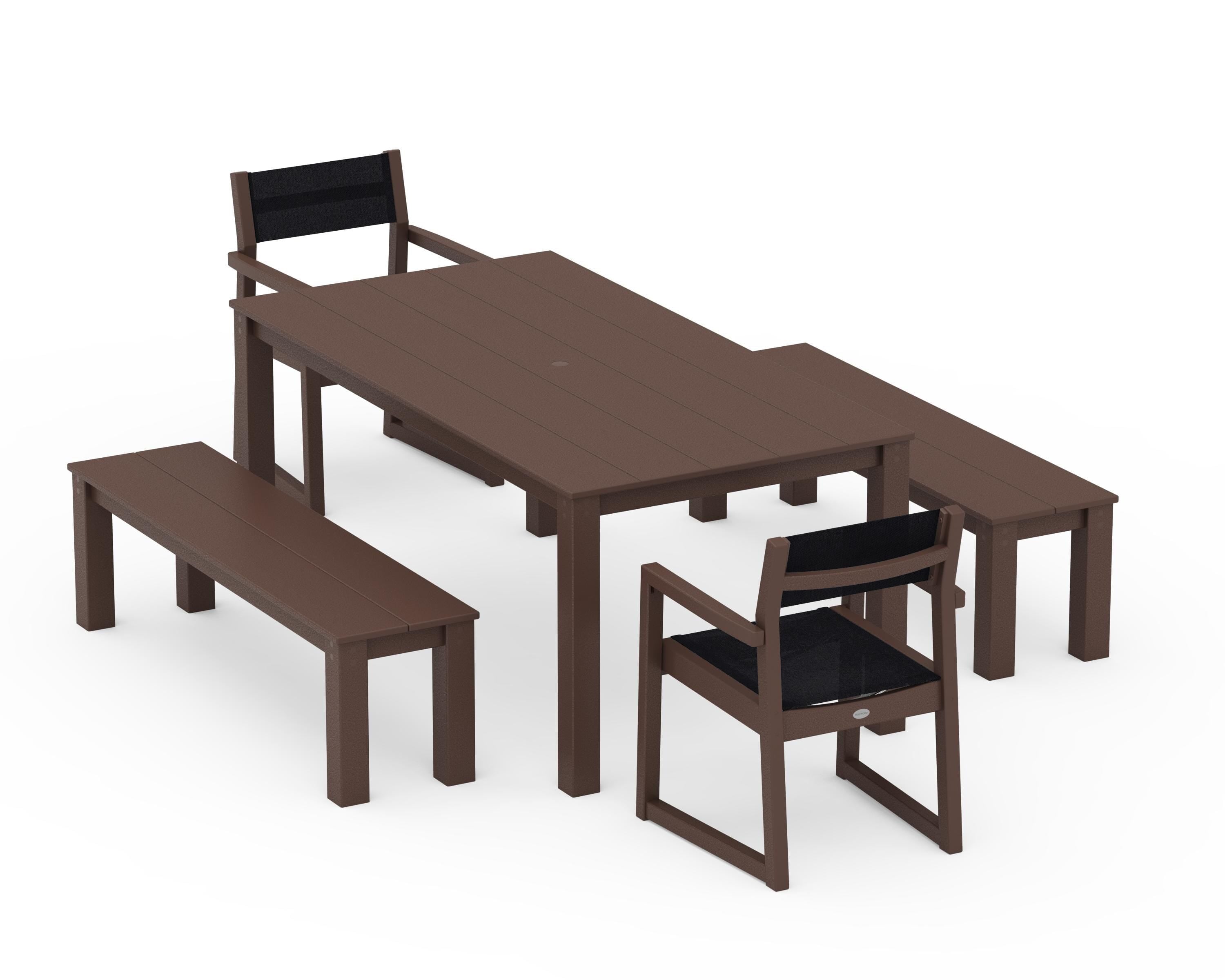 POLYWOOD® EDGE Sling Arm Chair 5-Piece Parsons Dining Set with Benches in Mahogany / Black Sling