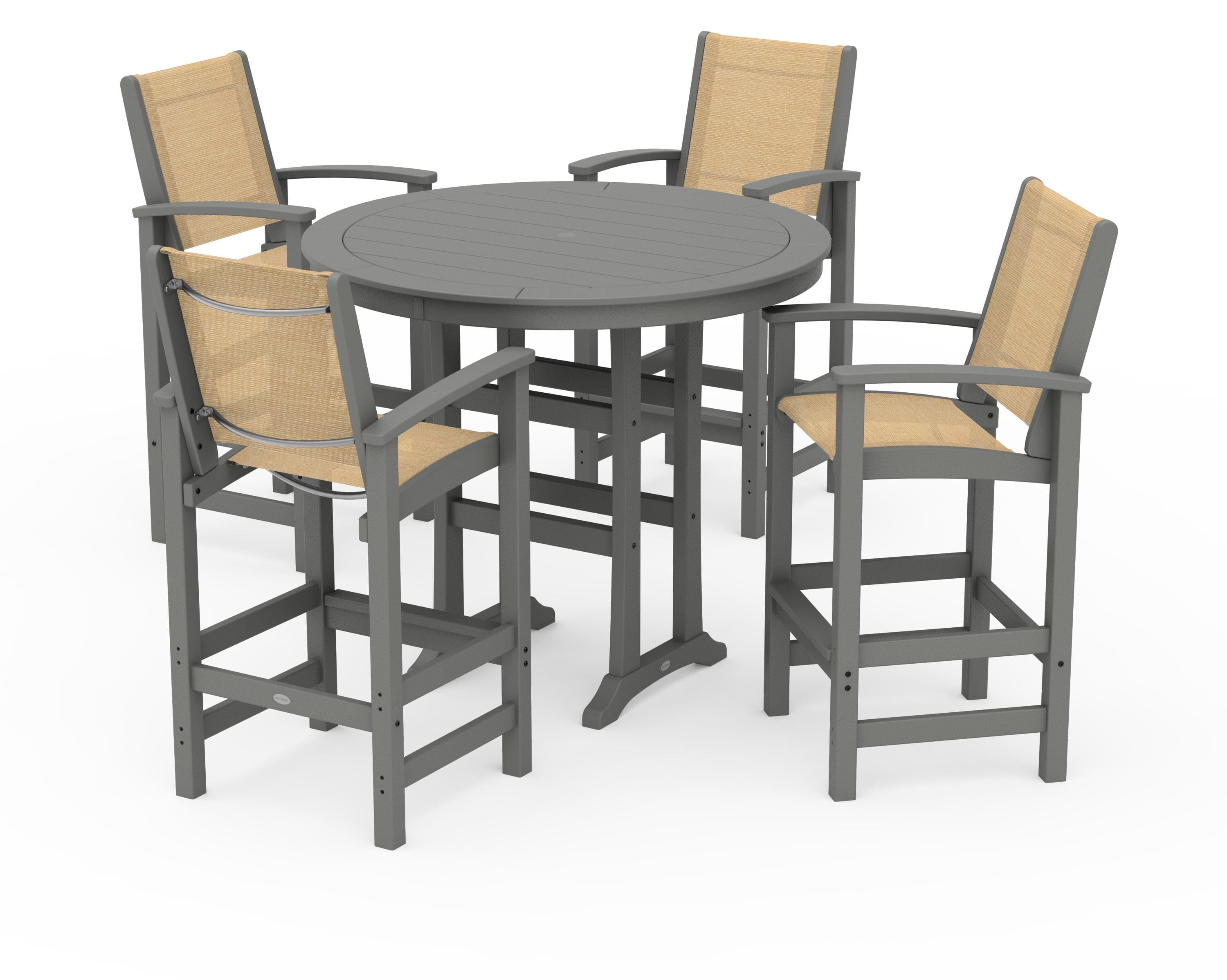 POLYWOOD® Coastal 5-Piece Nautical Trestle Bar Set in Slate Grey / Dupioni Apricot Sling