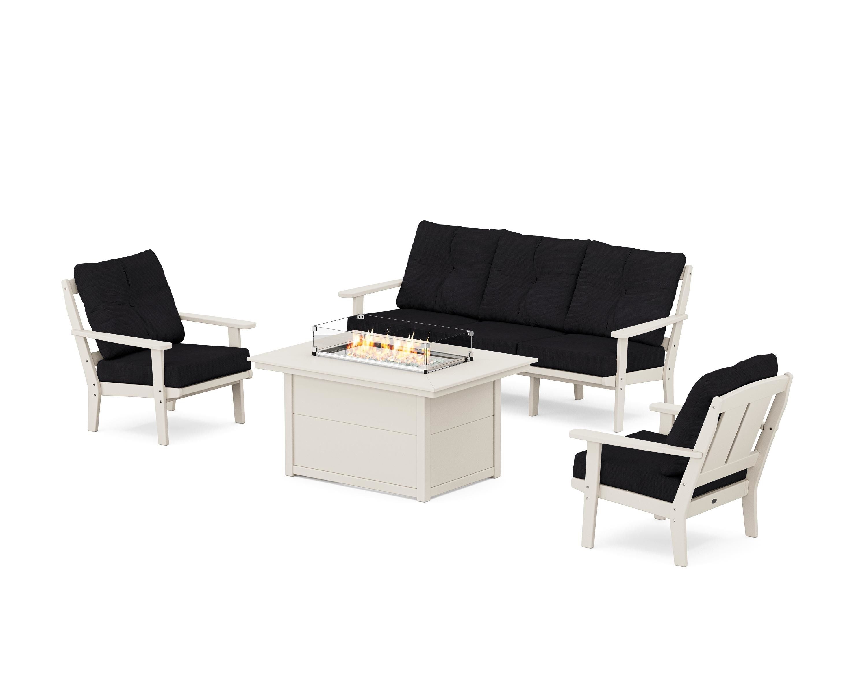 POLYWOOD® Mission Deep Seating Fire Pit Table Set in Sand / Midnight Linen