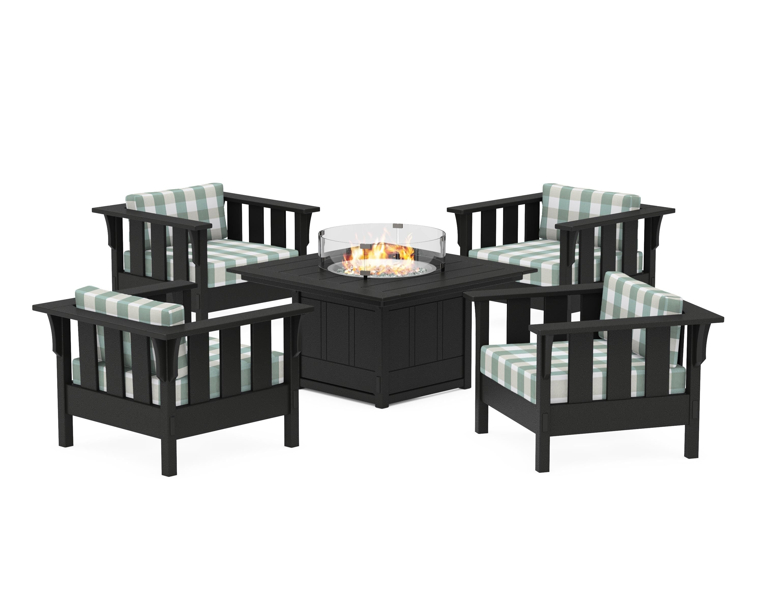 Martha Stewart by POLYWOOD® Acadia 5-Piece Deep Seating Set with Fire Pit Table in Black / Buffalo Plaid Glacier Spa