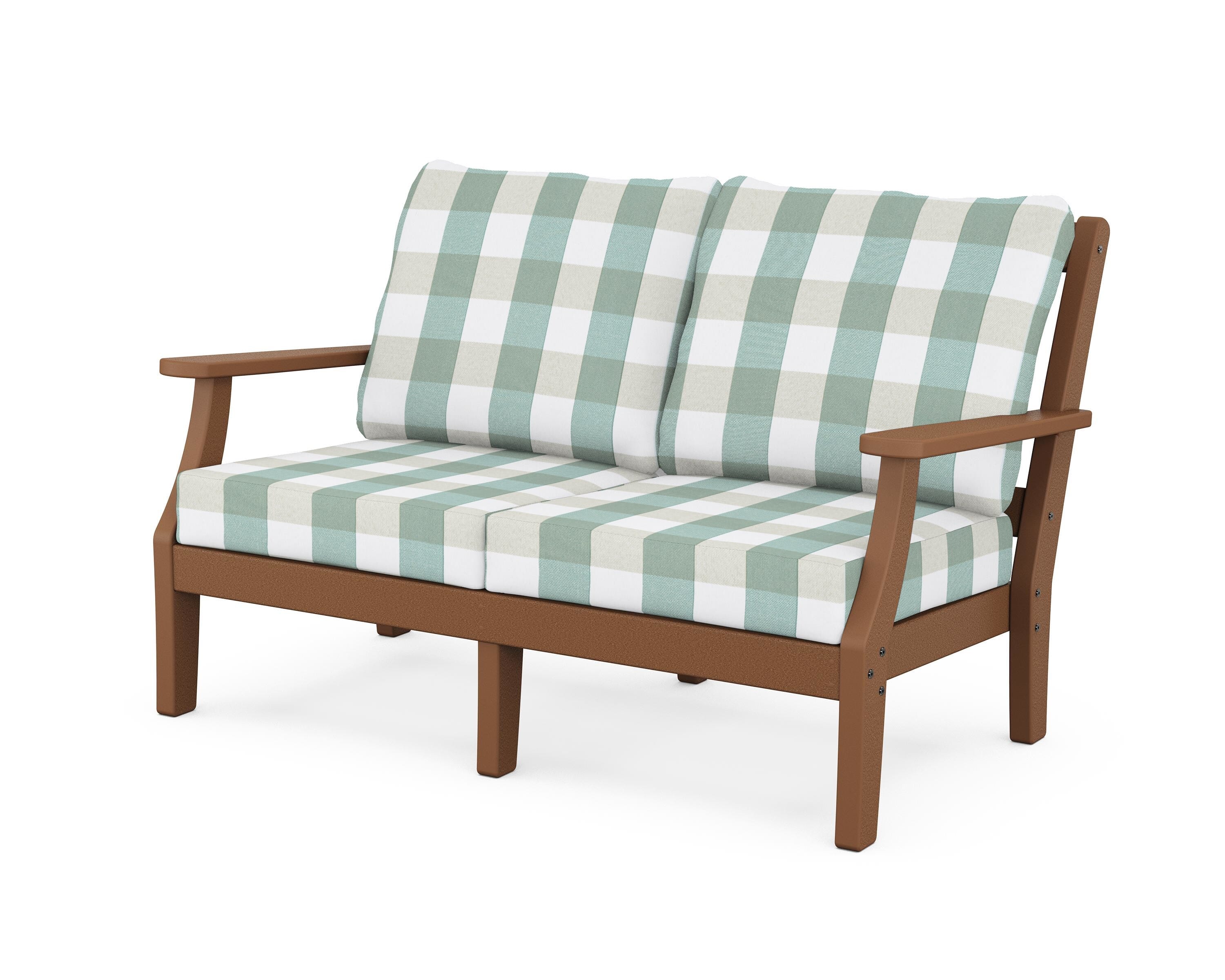 Martha Stewart by POLYWOOD® Chinoiserie Deep Seating Loveseat in Teak / Buffalo Plaid Glacier Spa