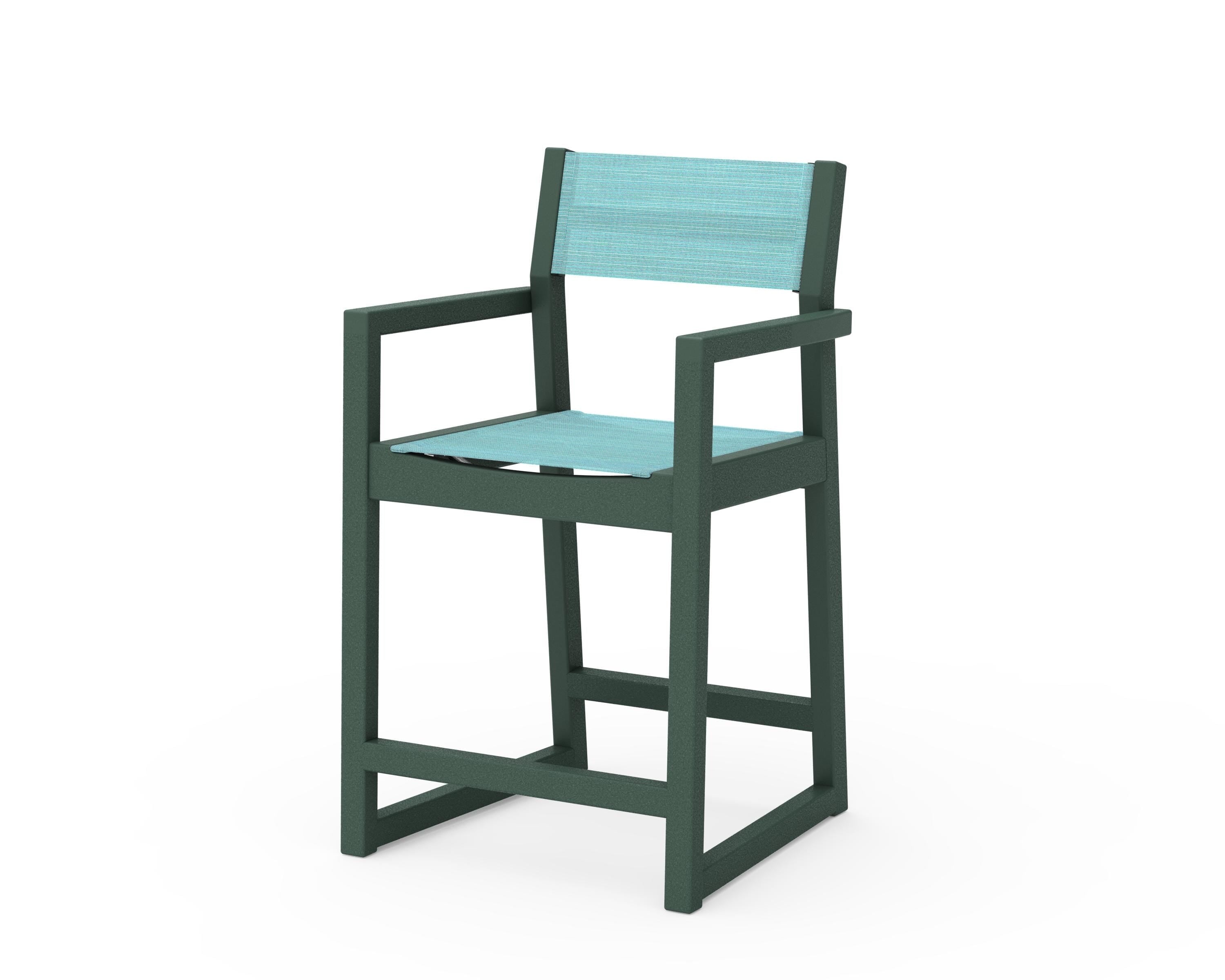 POLYWOOD® EDGE Sling Counter Arm Chair in Green / Dupioni Aquamarine Sling