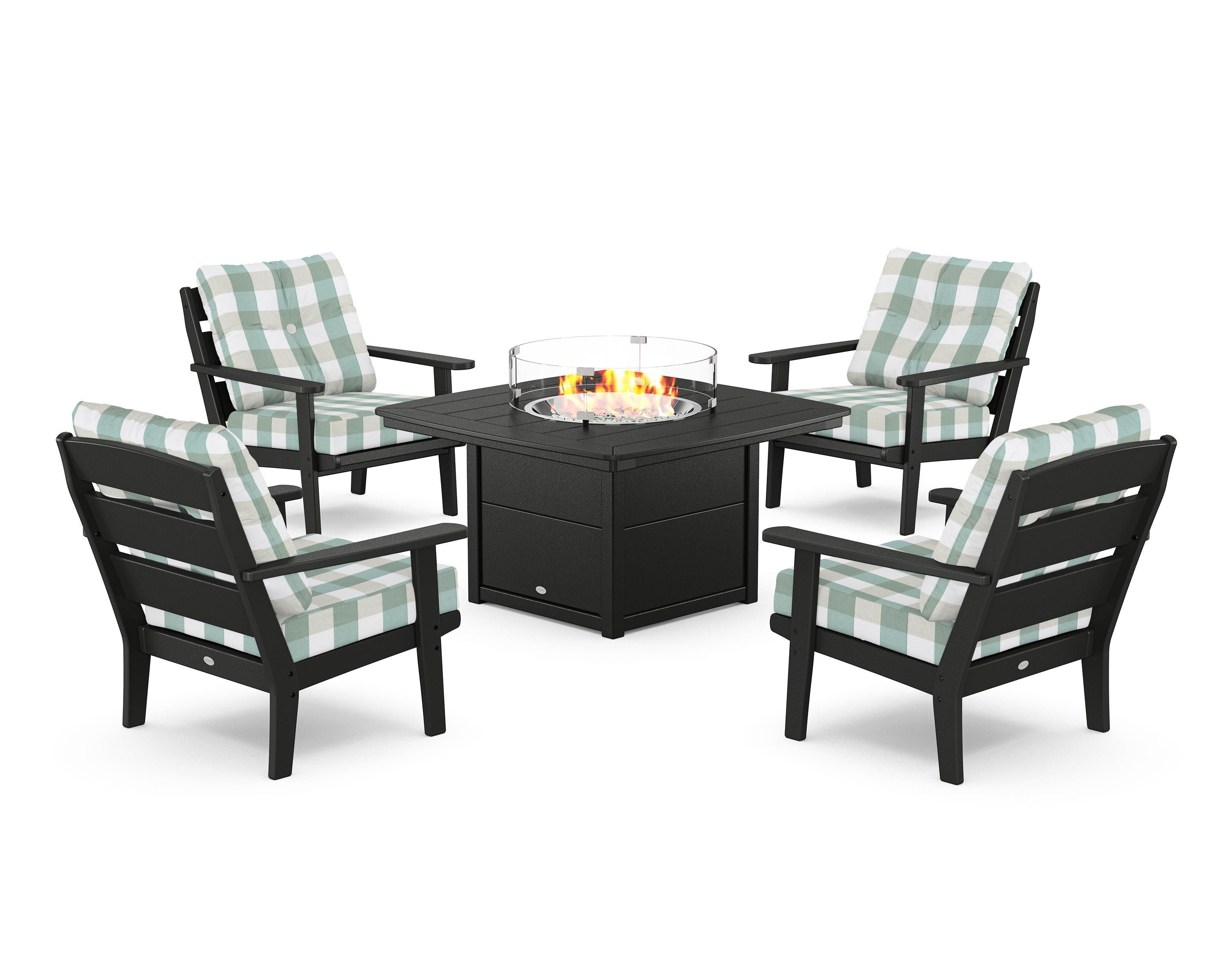 POLYWOOD® Lakeside 5-Piece Deep Seating Set with Nautical Fire Pit Table in Black / Buffalo Plaid Glacier Spa