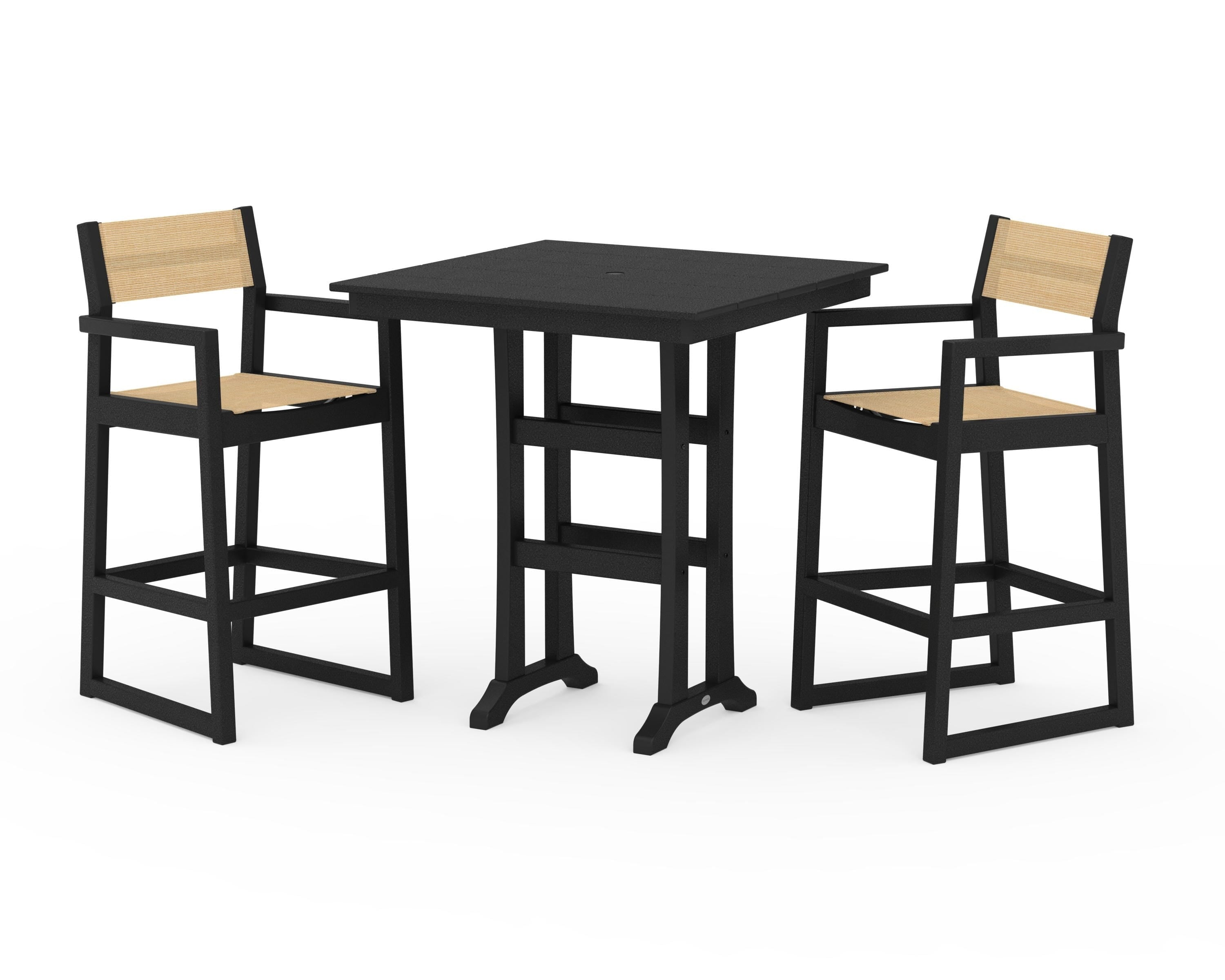 POLYWOOD® EDGE Sling Arm Chair 3-Piece Farmhouse Bar Set with Trestle Legs in Black / Dupioni Apricot Sling