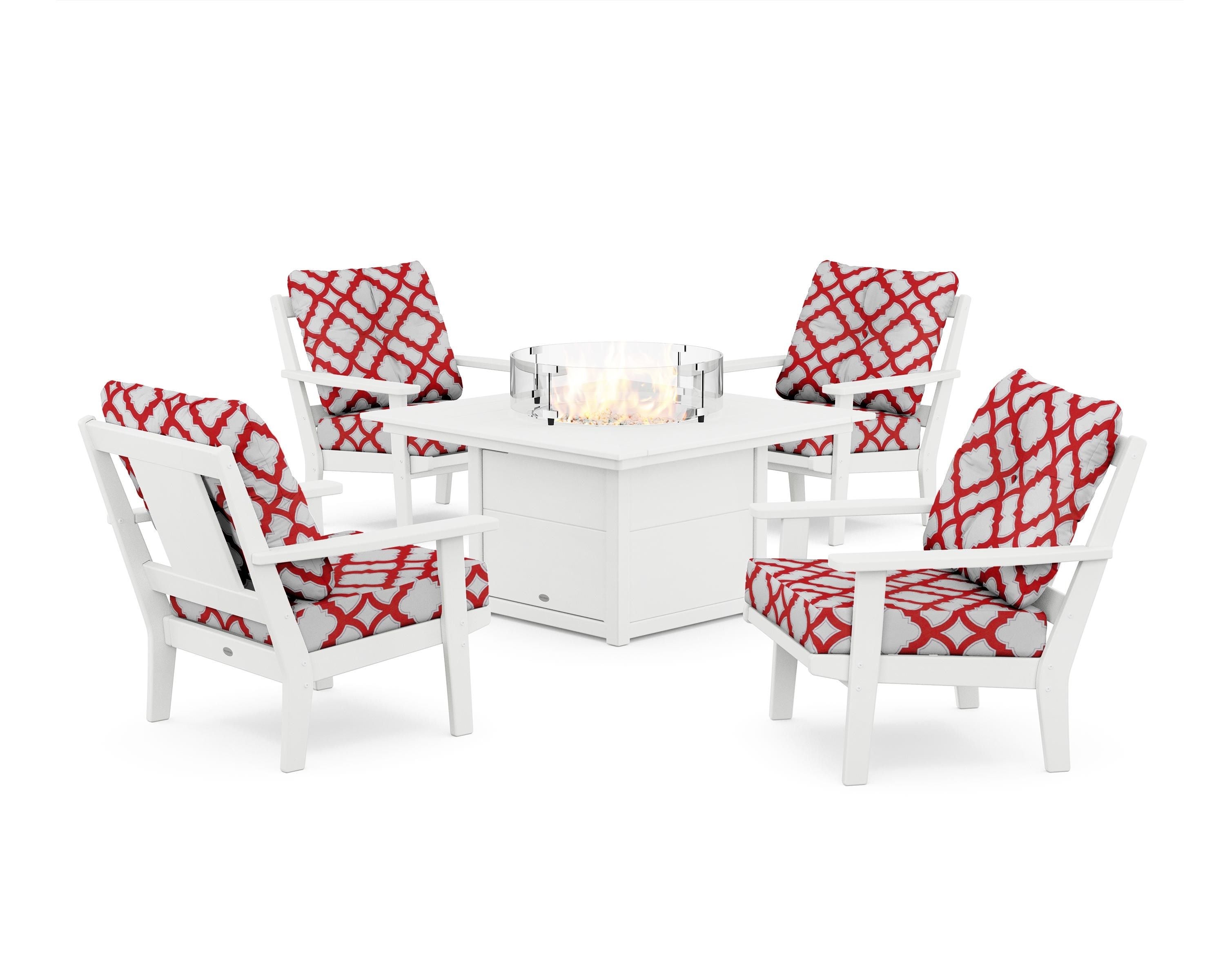 POLYWOOD® Prairie 5-Piece Deep Seating Set with Fire Pit Table in White / Trellis Crimson