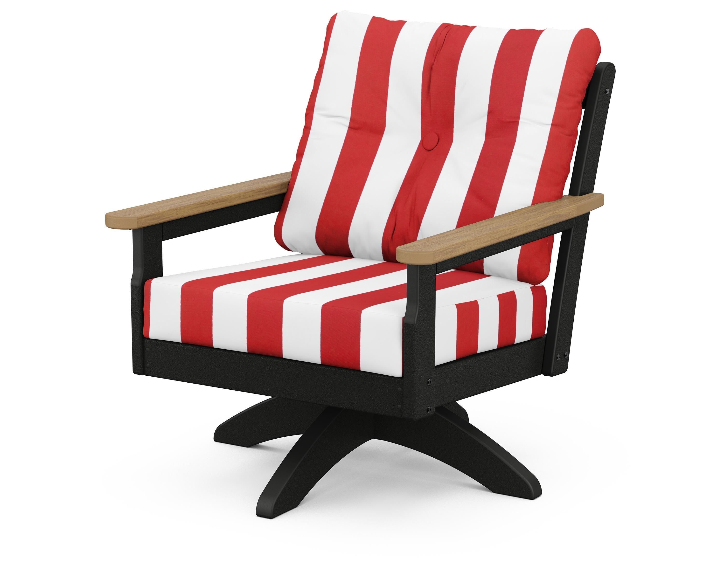 POLYWOOD® Vineyard Deep Seating Swivel Chair in Black / Natural / Cabana Stripe Crimson