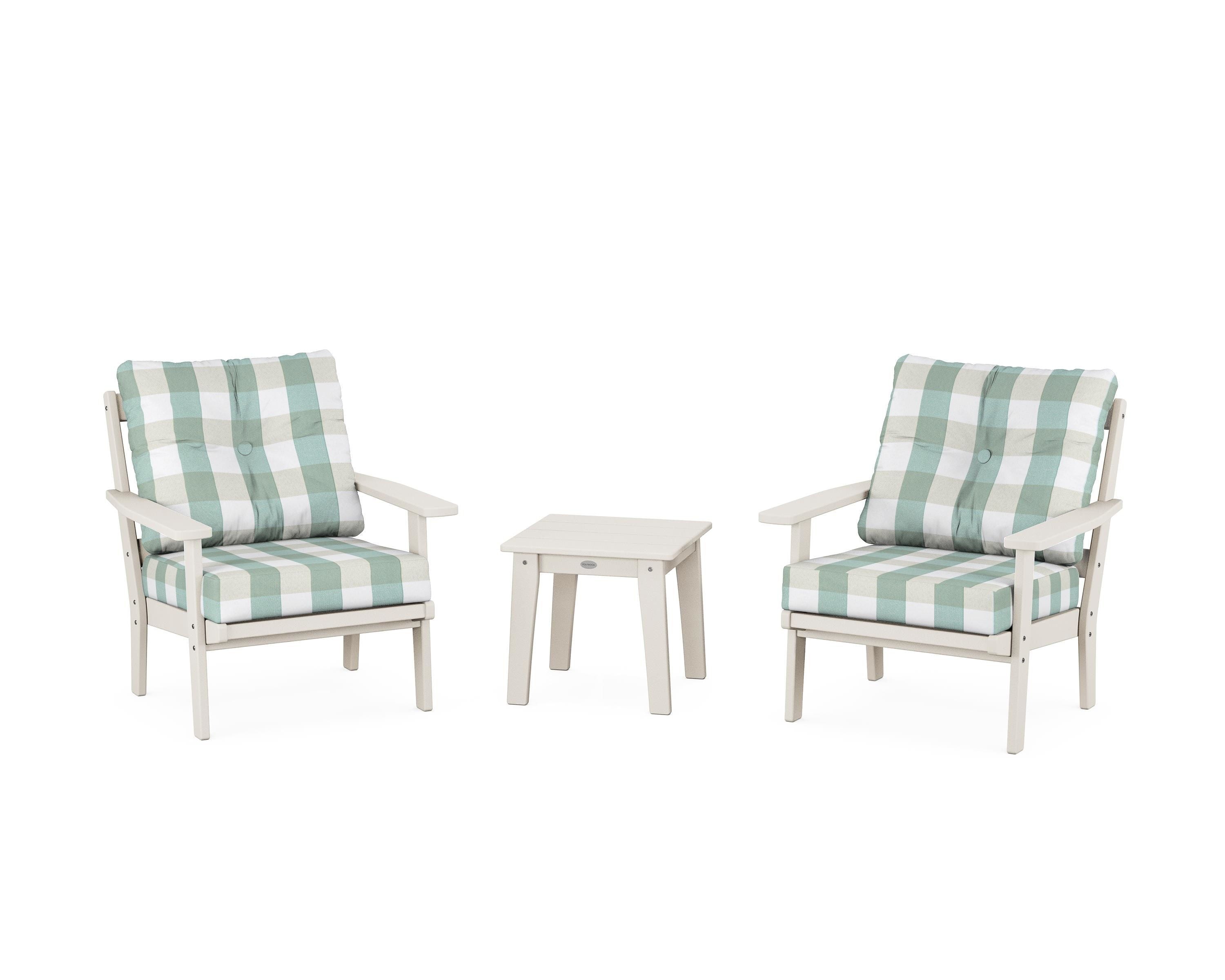 POLYWOOD® Oxford 3-Piece Deep Seating Set in Sand / Buffalo Plaid Glacier Spa