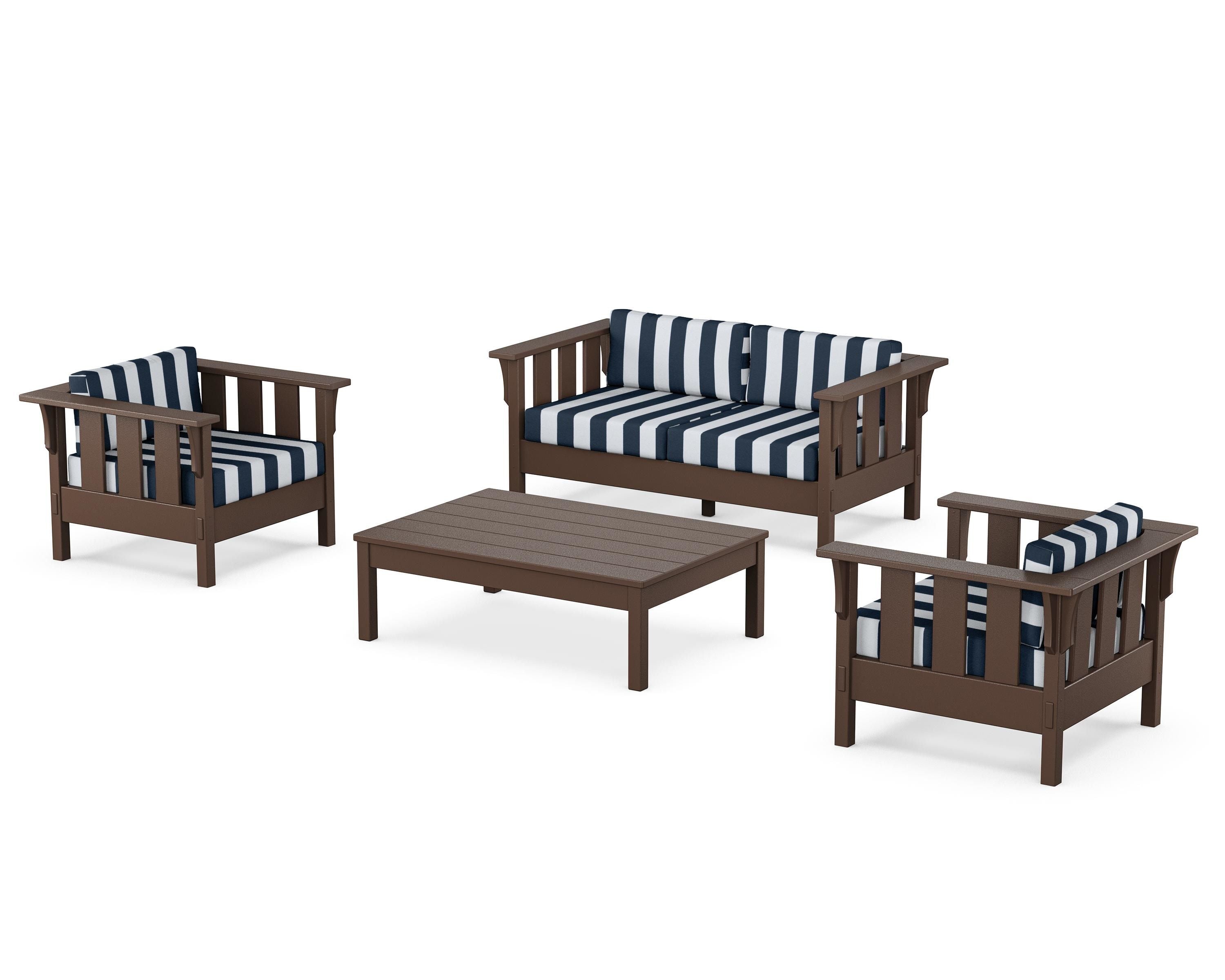 Martha Stewart by POLYWOOD® Acadia 4-Piece Deep Seating Set with Loveseat in Mahogany / Cabana Stripe Marine Indigo