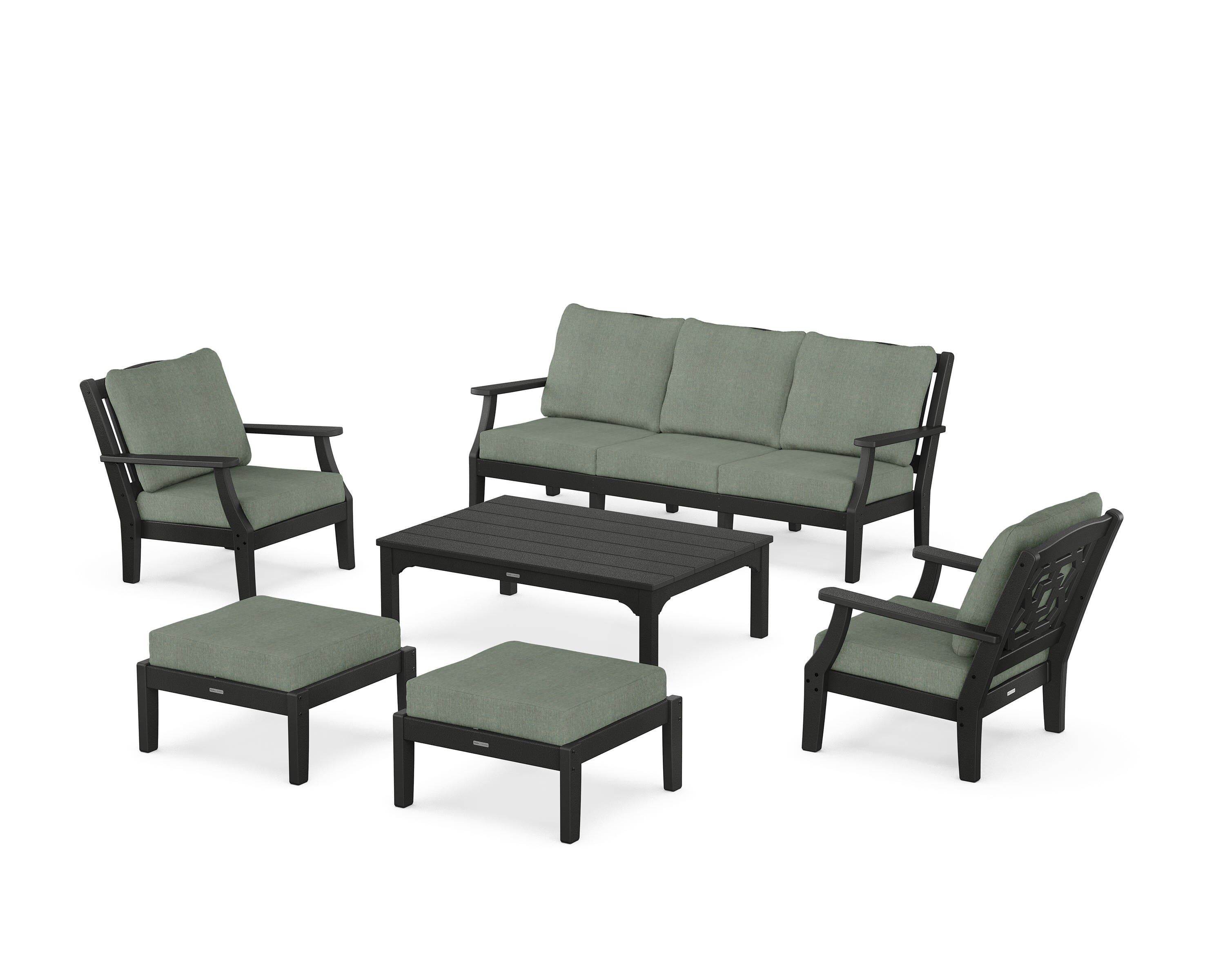 Martha Stewart by POLYWOOD® Chinoiserie 6-Piece Lounge Sofa Set in Black / Cast Sage