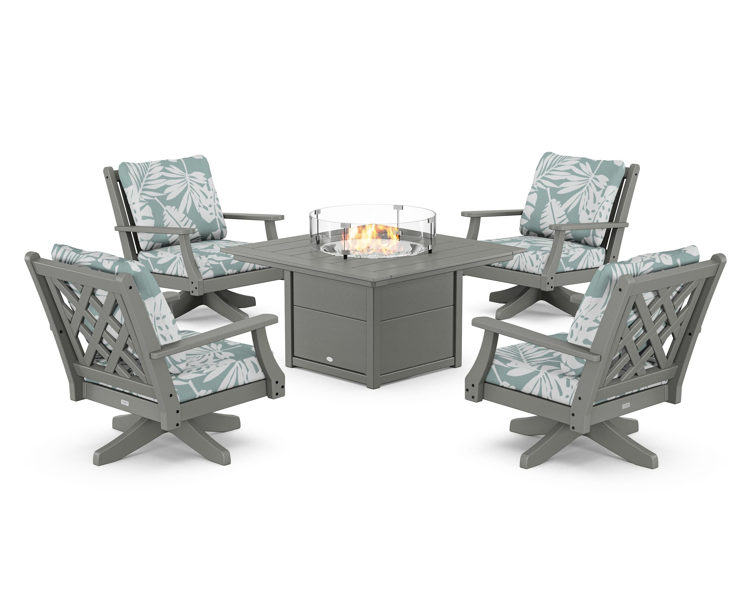 Country Living Wovendale 5-Piece Deep Seating Swivel Conversation Set with Fire Pit Table in Slate Grey / Leaf Glacier Spa