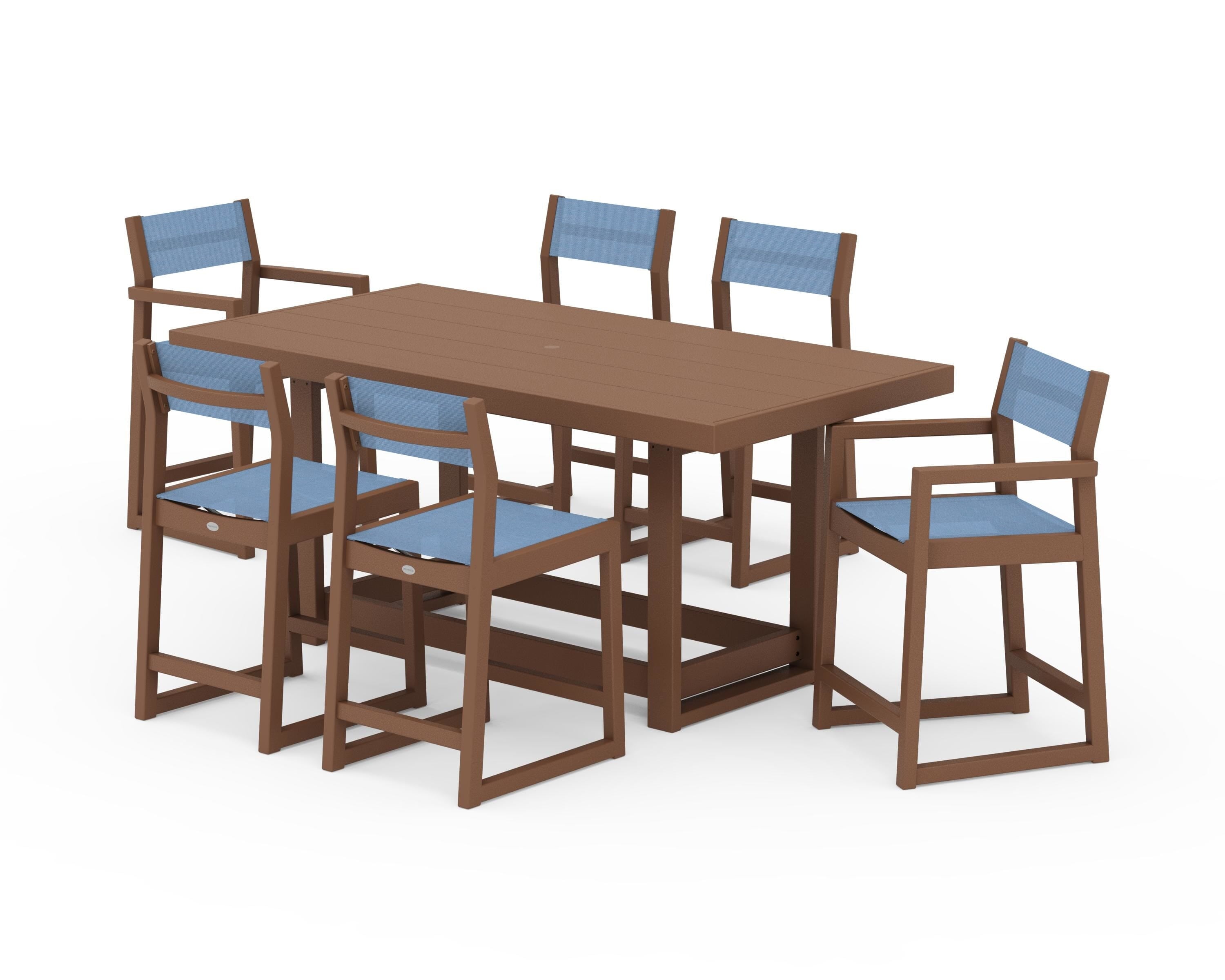 POLYWOOD® EDGE Sling 7-Piece Counter Table Set in Teak / Poolside Sling